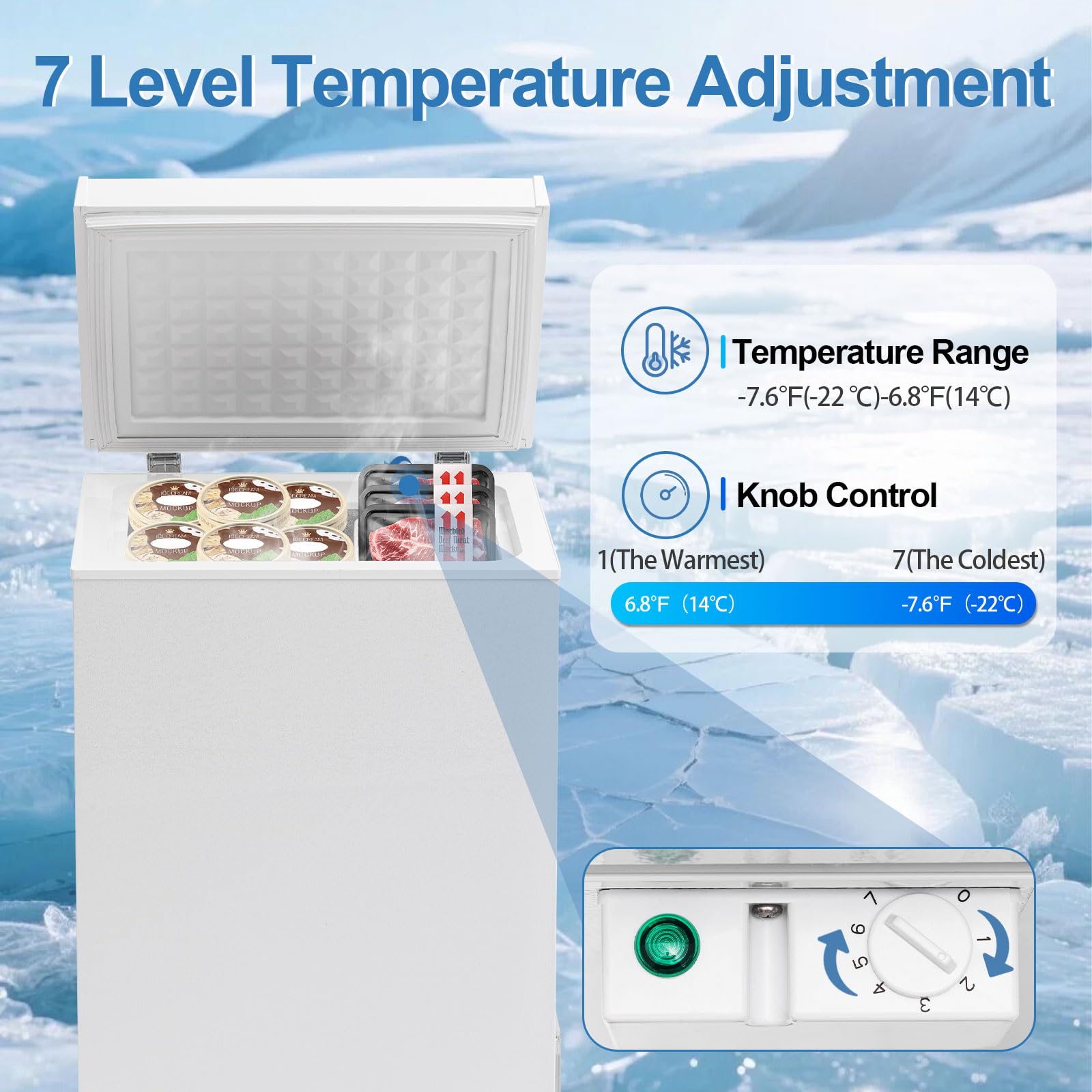 Erivess 3.5 Cu.Ft Chest Freezer - Compact Deep Freezer With Removable Basket, Energy Efficient & Quiet Top Door Design, Mini Freezer Adjustable 7 Thermostat For Home, Apartment, Garage, Dorm (White) on Fridge.com - View 4