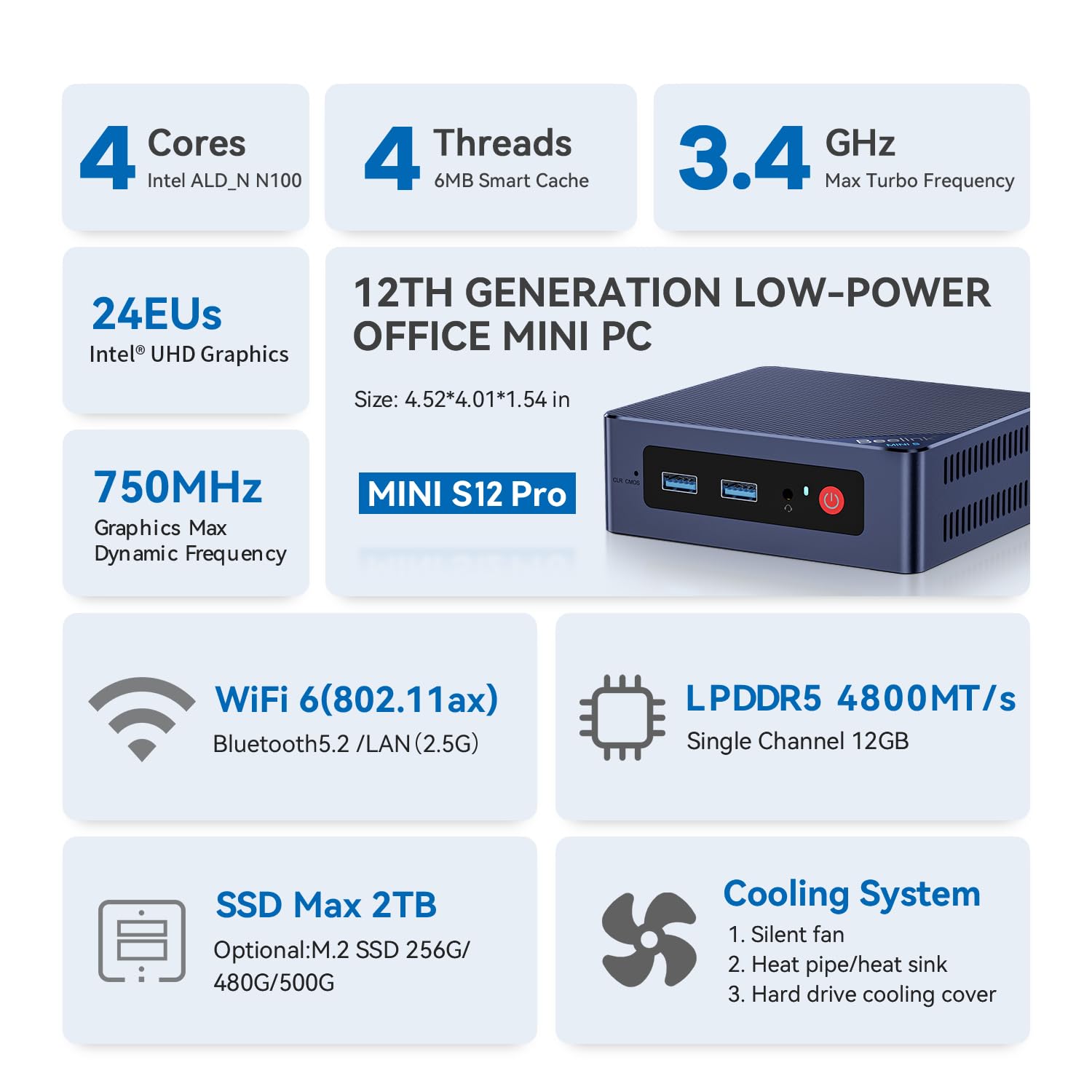 Beelink Mini S12 Pro Mini PC, Intel 12th Gen Alder Lake-N100(bis zu 3.4GHz), 12GB LPDDR5 RAM 500GB SSD, 25W TDP Mini Office Computer Windows 11 Home 4K Dual Display/USB3.2/WiFi 6/BT5.2/RJ45 2.5G