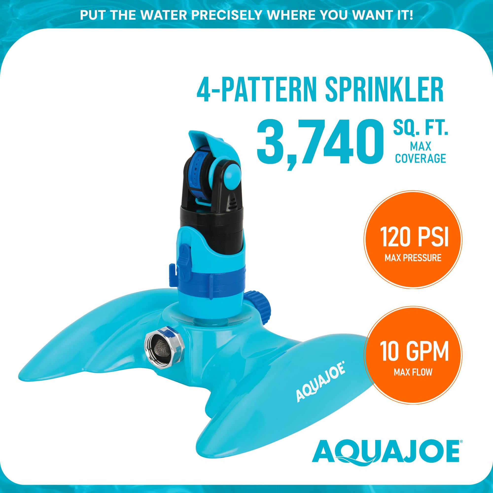 Aqua Joe AJ-MSSBM - Rociador con 4 Patrones y Base de Metal Plana para Cualquier Paisaje