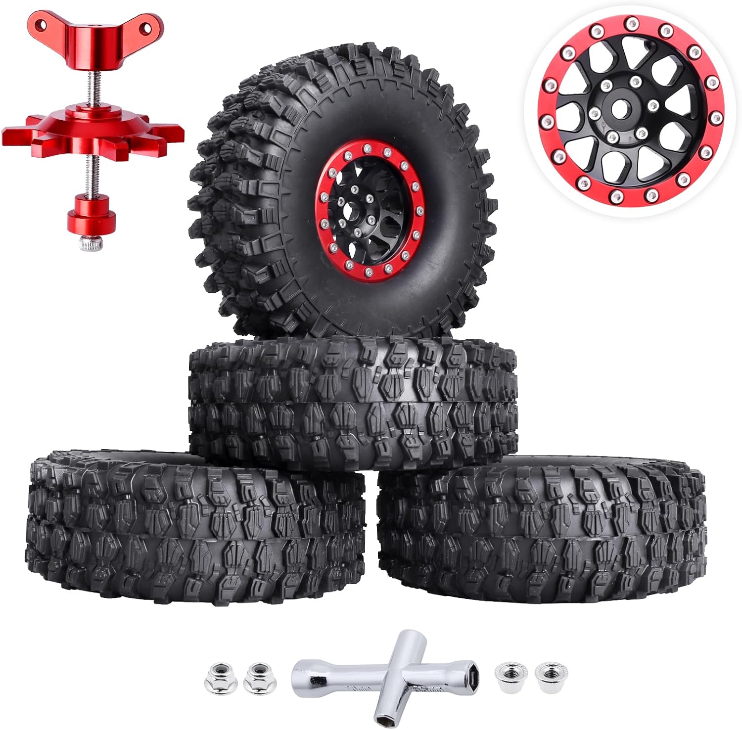 HobbyPark 1.9 Beadlock Wheels and Tires Height 4.72inch 120mm Soft Rubber Good Grip, Mounting Tool for TRX4 Axial SCX10 II III Redcat Gen8 Gen7 1/10 RC Crawler w/Foam,Set of 4 (Red Rings)