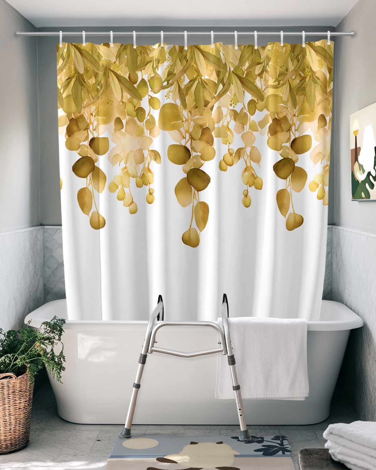 Eucalyptus Leaves Yellow Split Shower Curtain for Transfer Bench Waterproof Watercolor Leaves Texture White Bath Curtain with 2 Vertical Separated