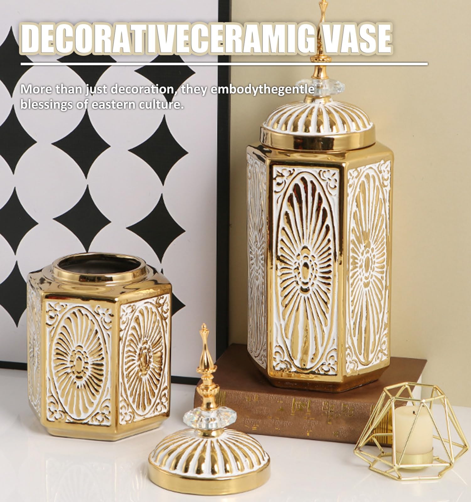 Jarrones Decorativos Jarrón De Flores Dorado para Decoración del Hogar, Tarro De Jengibre Estable Y Jarrón con Tapa para Mesa De Comedor, De Larga Duración.(S)