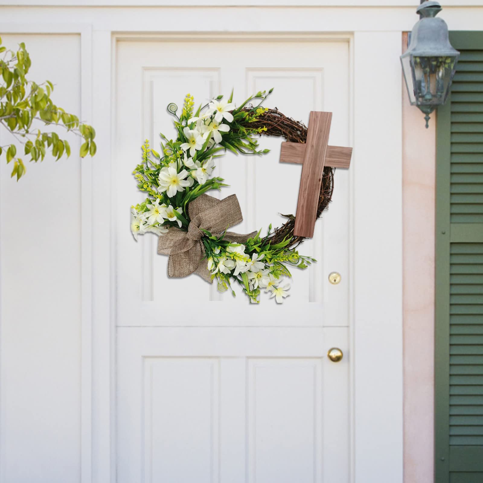 Corona Pasquale 35 Cm Con Croce Legno E Gigli - Ghirlanda LED Decorativa, Per Parete O Porta - Foto 11