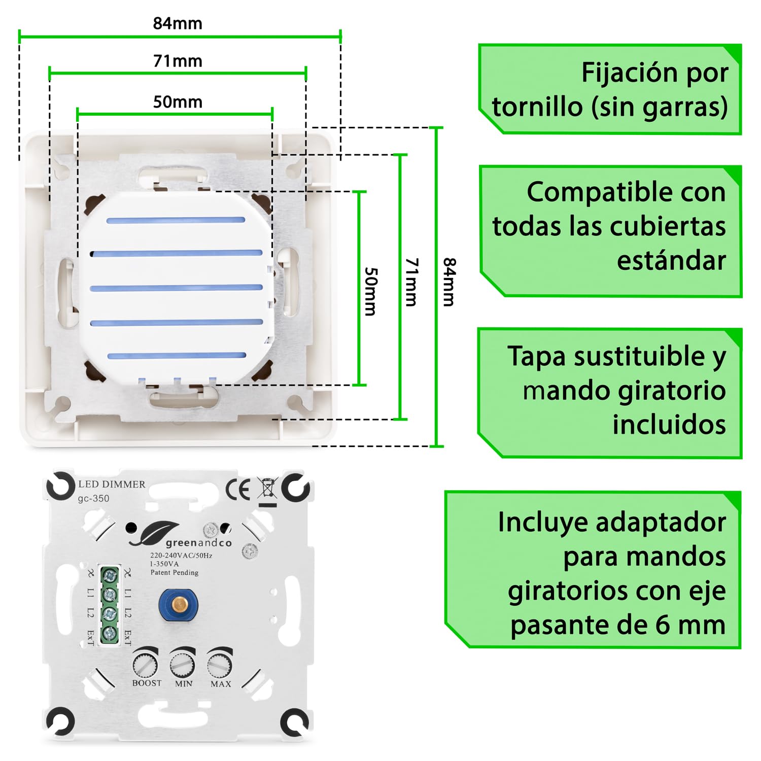 greenandco gc-350 regulador de intensidad LED giratorio | 1-350 W | también adecuado para circuitos con conmutador | función de disparo programable | empotrable | blanco