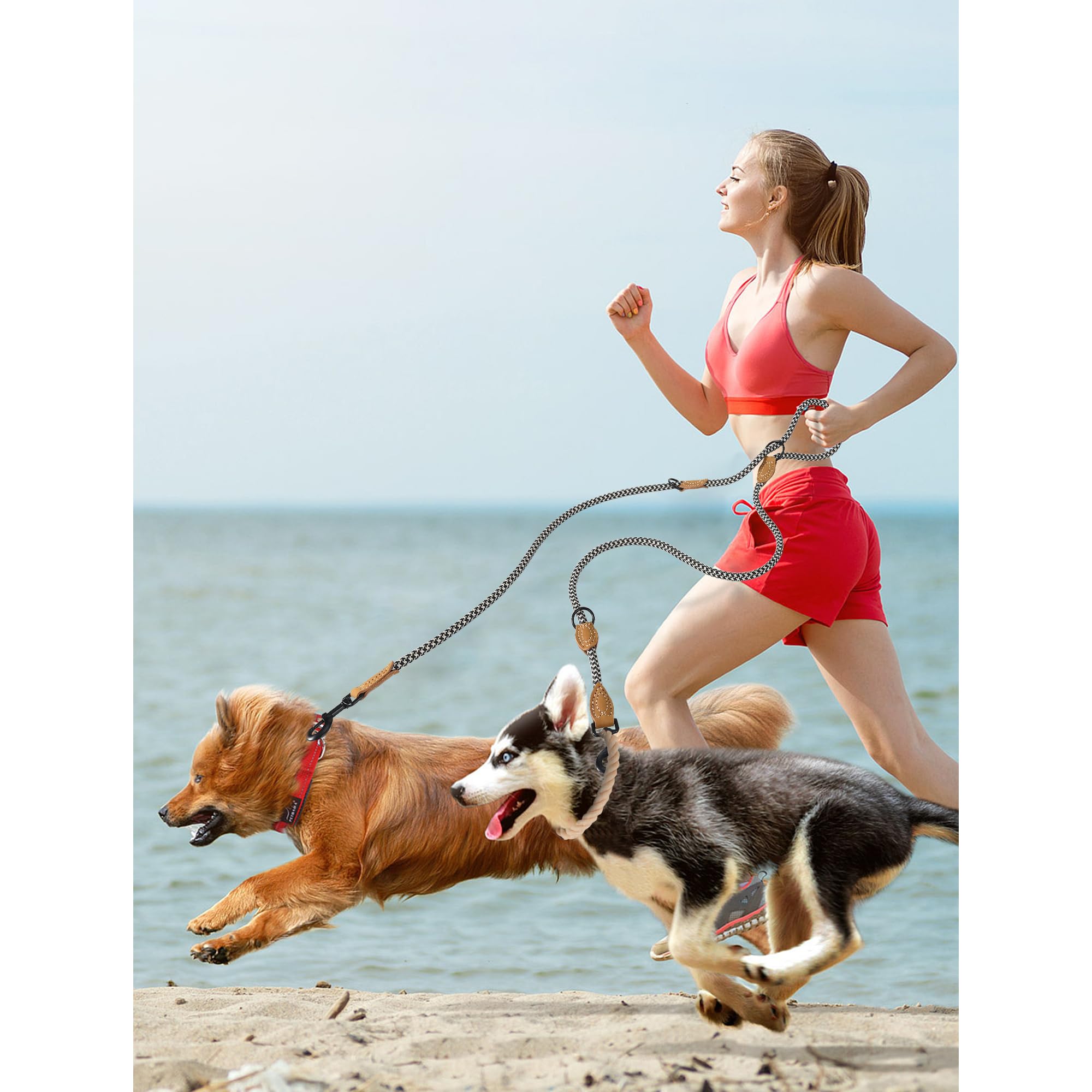 Mile High Life Guinzaglio doppio per cani, guinzaglio antiscivolo per cani, doppia configurazione, corda per alpinismo con connessione su misura in pelle | 2,4 m con robusta chiusura in metallo