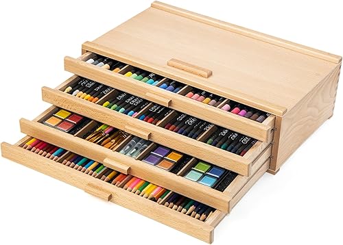 Falling in Art Caja de almacenamiento de madera pastel, caja de almacenamiento de suministros para artistas con 4 cajones extraíbles, caja