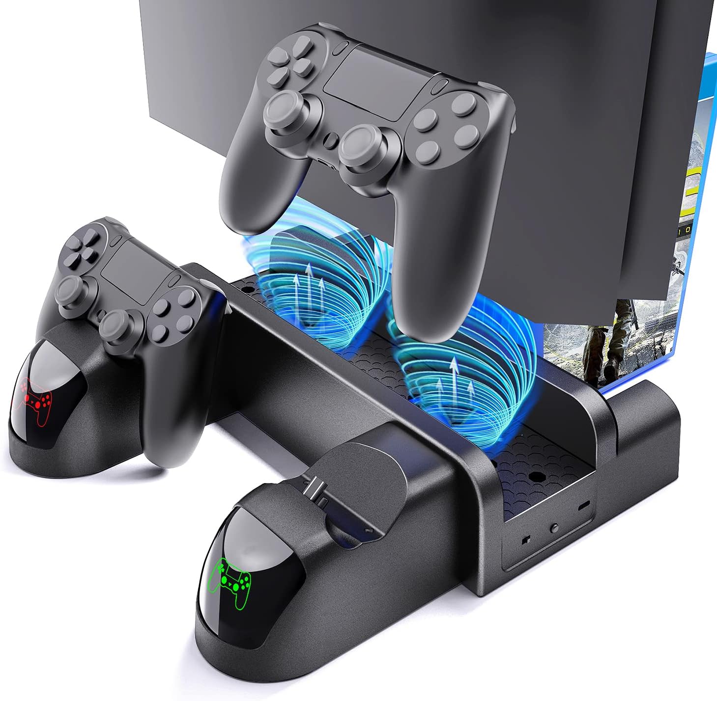 Stand Cooling Fan Station for PlayStation 4 Slim Cooling Fan for PS4 pro Vertical Charging Station with Dual Controller Stand with USB Port & 12 Games Slots
