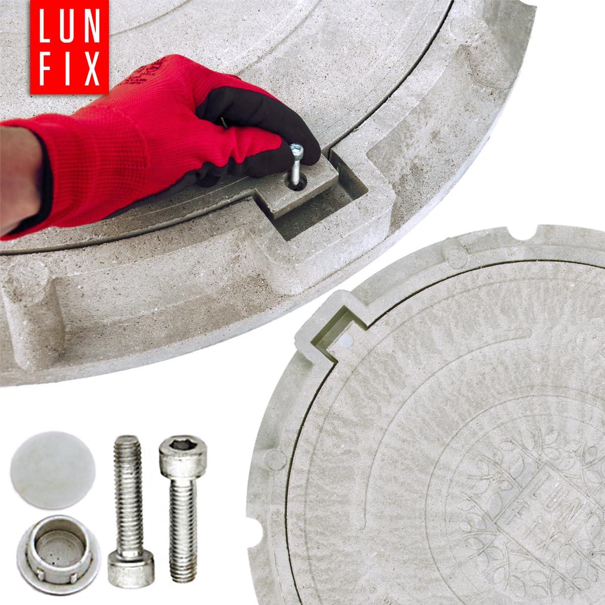 Tapa de arqueta redonda DN 600 mm gris claro clase A15 1,5t, Lun Fix | Polímero-sand resistente, tornillos antimanipulación, cubierta de registro para pozo de drenaje