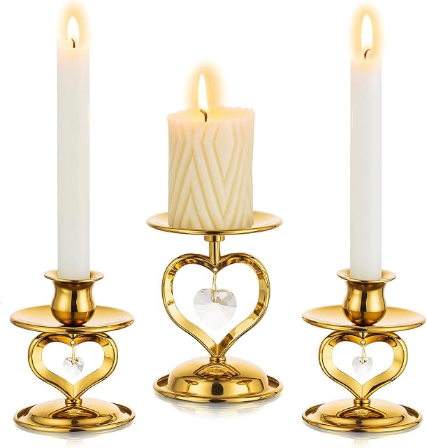 Nuptio Candlestick Holders Gold for Taper: Unity Candle Holder for Pillar Candles Metal, Tapered Candle Stand for Candle Sticks Table Centrepiece Wedding Christmas Candlelight Dinner, Set of 3