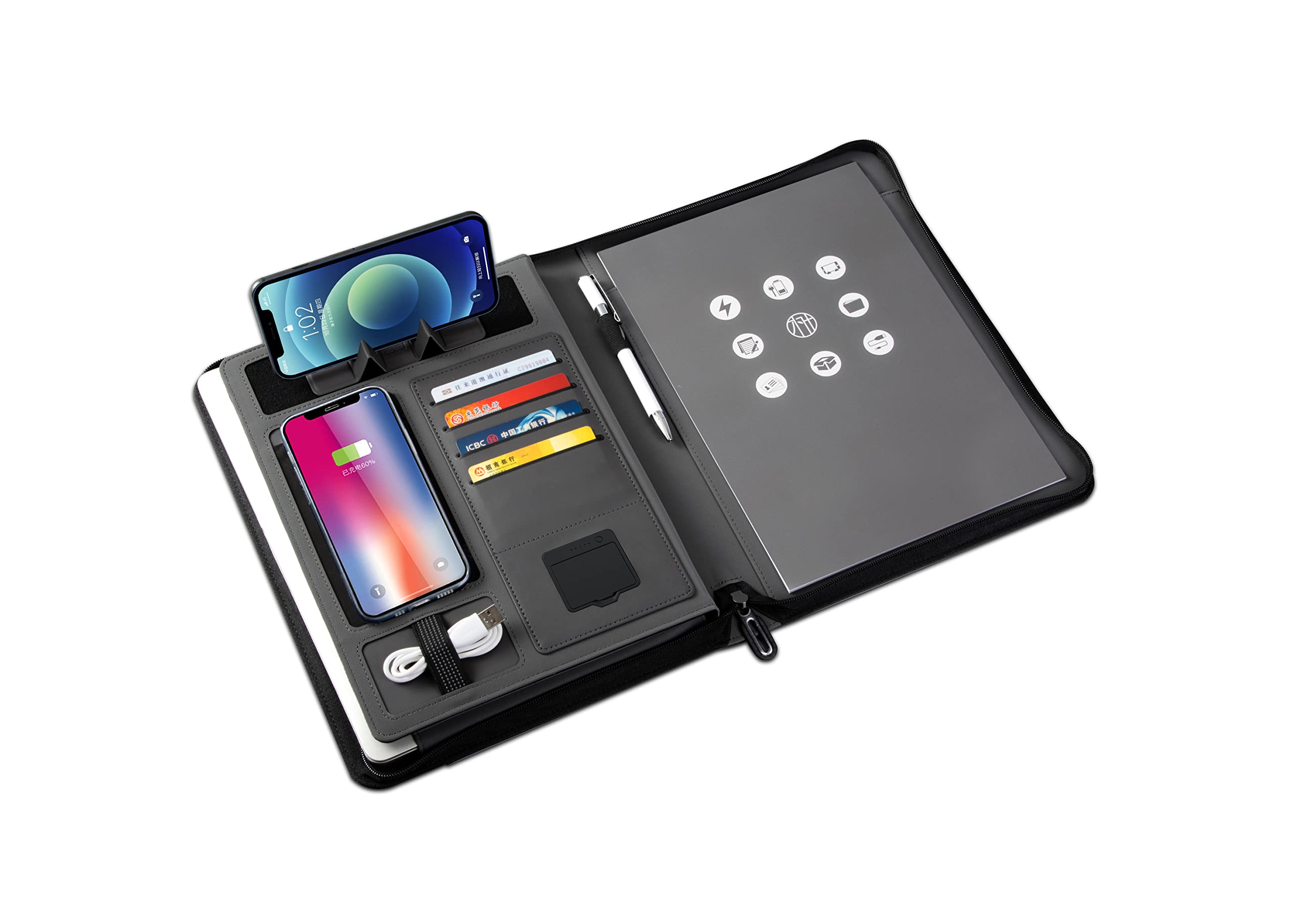 Cartella per conferenze A4 in pelle con cerniera, porta documenti con Powerbank da 8000 mAh e ricarica wireless, organizer per riunioni, viaggi (nero)