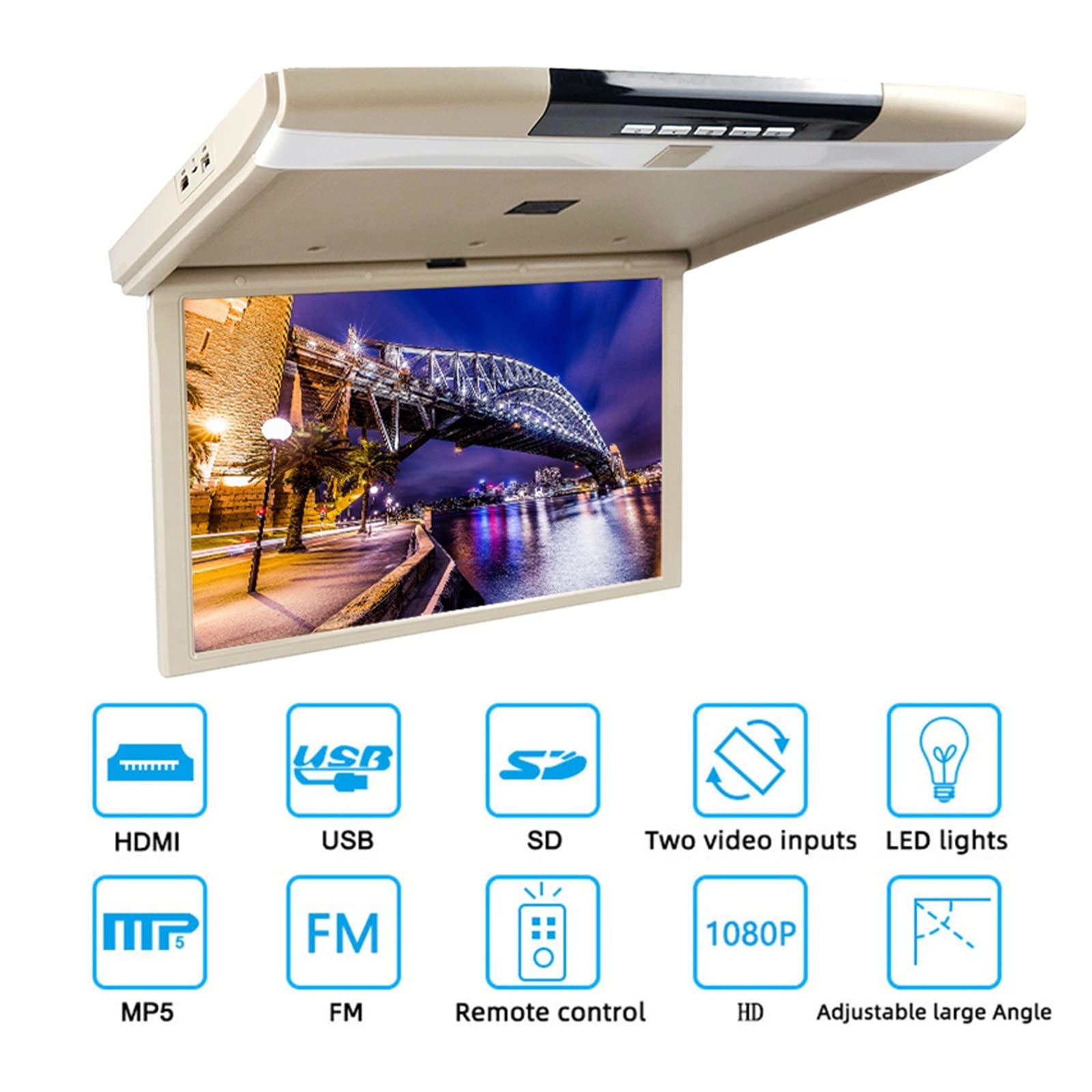 Monitor de Coche 17,3 Pulgadas, Pantalla LCD HD, Montaje en Techo automóvil, TV Multimedia, Reproductor vídeo for, Enlace IR FM Viajes Familiares por Carretera(17 Inch Black MP5)
