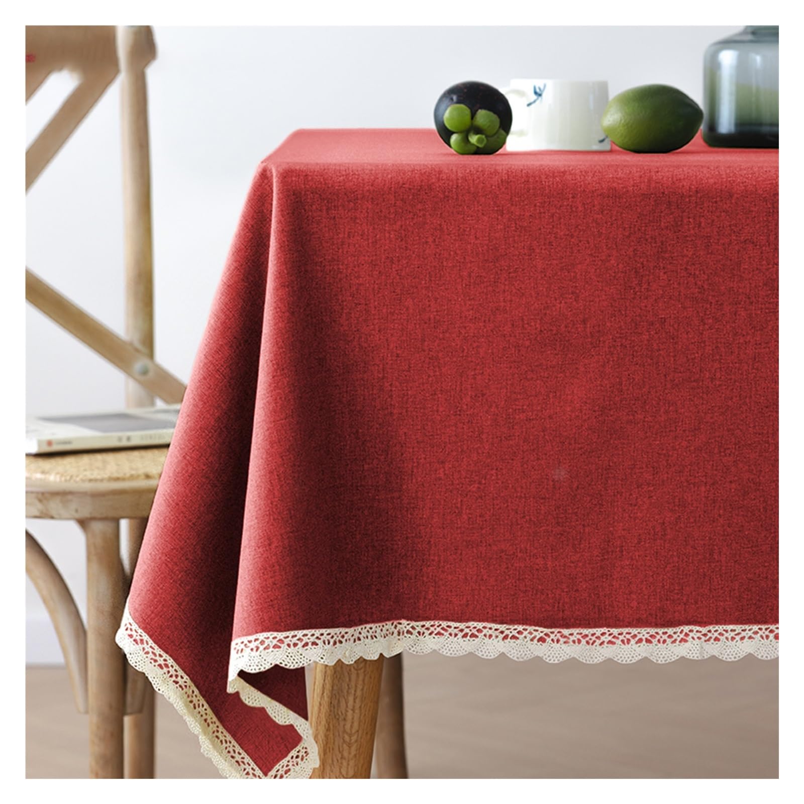 Nappe en Coton Et Lin BordéE De Dentelle, Nappe Rectangulaire De Style Rustique, Convient pour Les Banquets, Les Mariages(Red,140x220cm)