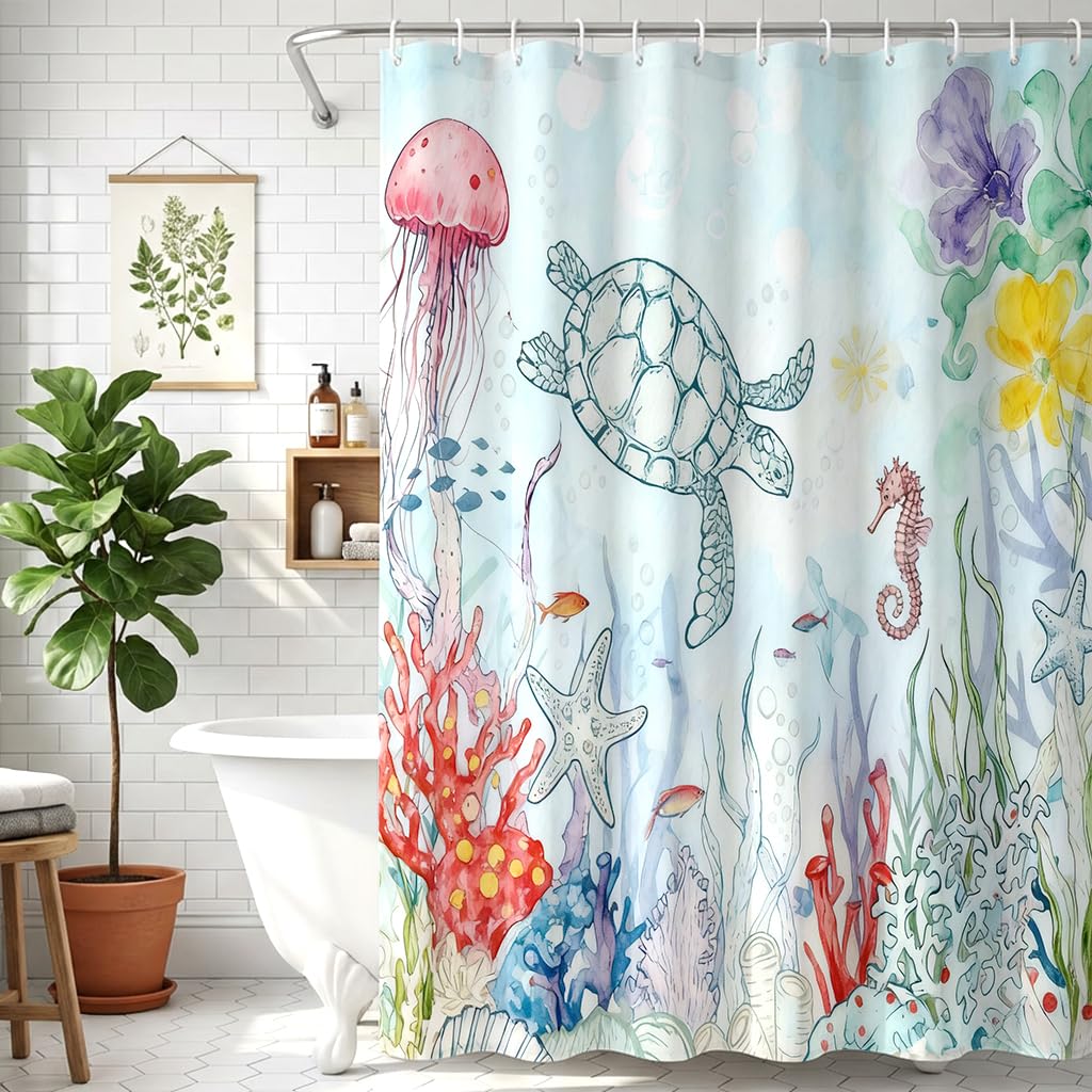 Zafyygh Colorful Watercolor Ocean Life Shower Curtain, 72X72 Inch Hand-Painted Sea Turtle Jellyfish Seahorse Fabric, Serene Bathroom Art Decor