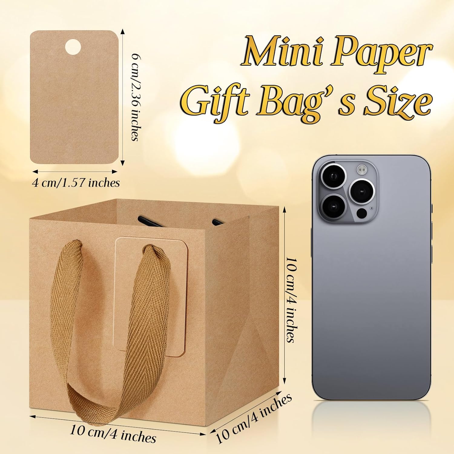 Kolldenn 100 Pcs Small Brown Gift Bags with Handles 4"×4"×4" Mini Kraft Paper Square Gift Bags Bulk with 100 Blank DIY Tags for Wedding Birthday Graduation Shopping Business Party