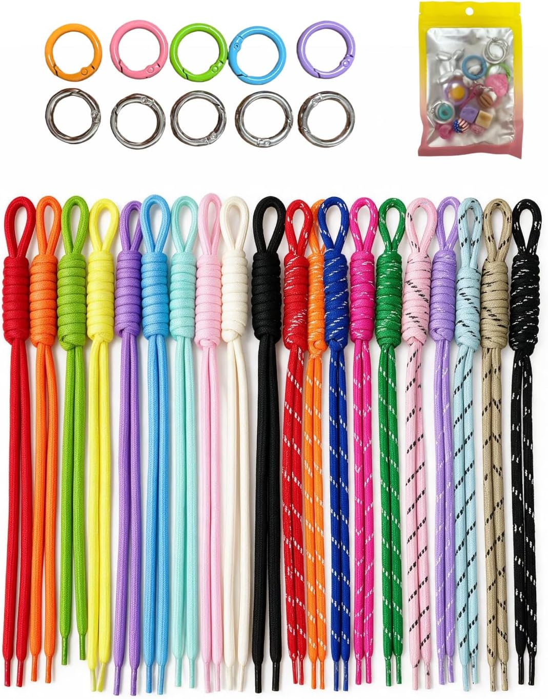 Paracord Keychain Kit, 20 Pack Rope Bag Charms with Rings and Beads
