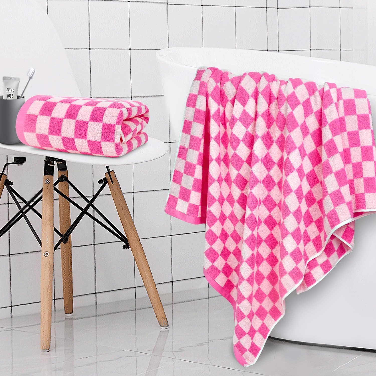 Jacquotha Hot-Pink Checkered Cotton Bath Towels Set of 2 - Cute Aesthetic Bathroom Towels for Women Girls Teens, Valentines Bathroom Decor 27.5" x 55" - Image 4