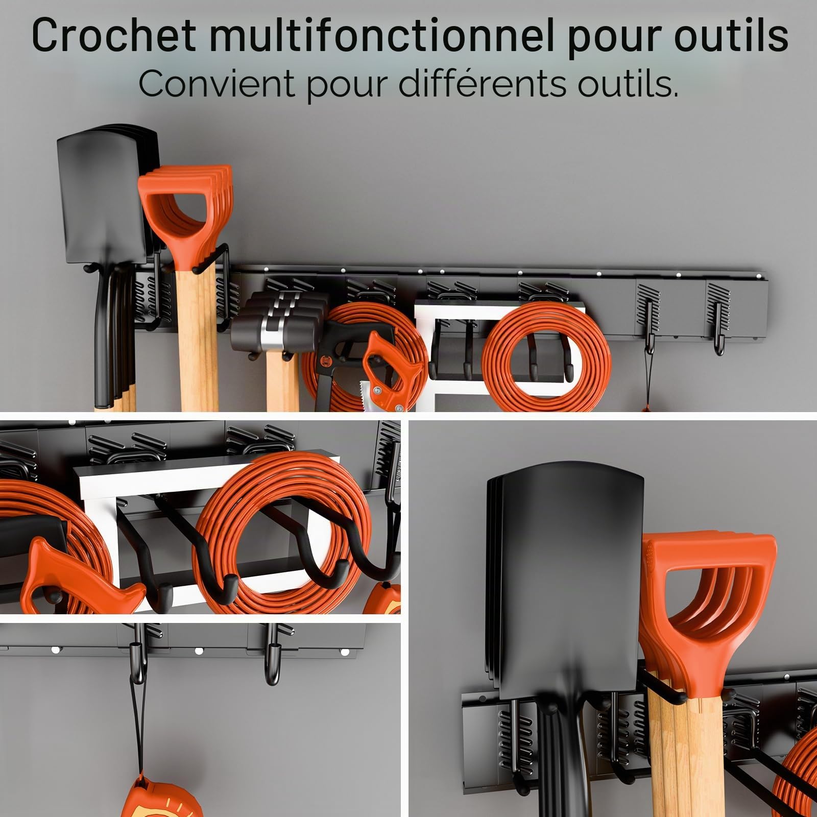 Support Réglable pour Outils de Jardin de 120 CM, Support Mural avec 3 rails et 8 Crochets, Tool Holder Wall Mounted Organizer de Ski, Adapté au Garage,à la cave, à la Terrasse (Noir)