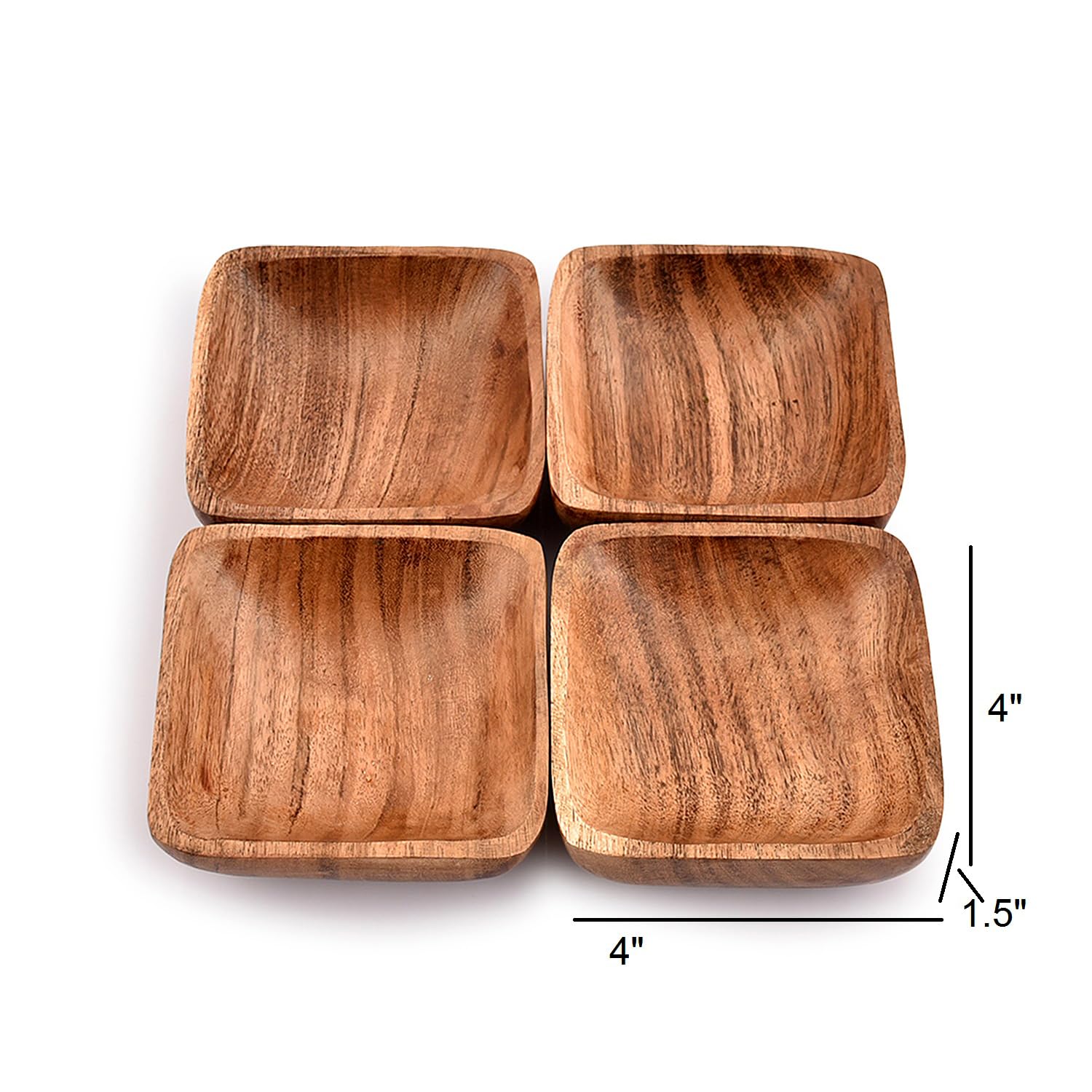 EDHAS Lot de 4 bols à goûter en bois d'acacia pour noix, apéritif, condiments, collations, emballage cadeau de fruits, cadeaux de maison (10,16 cm x 10,16 cm x 3,81 cm)