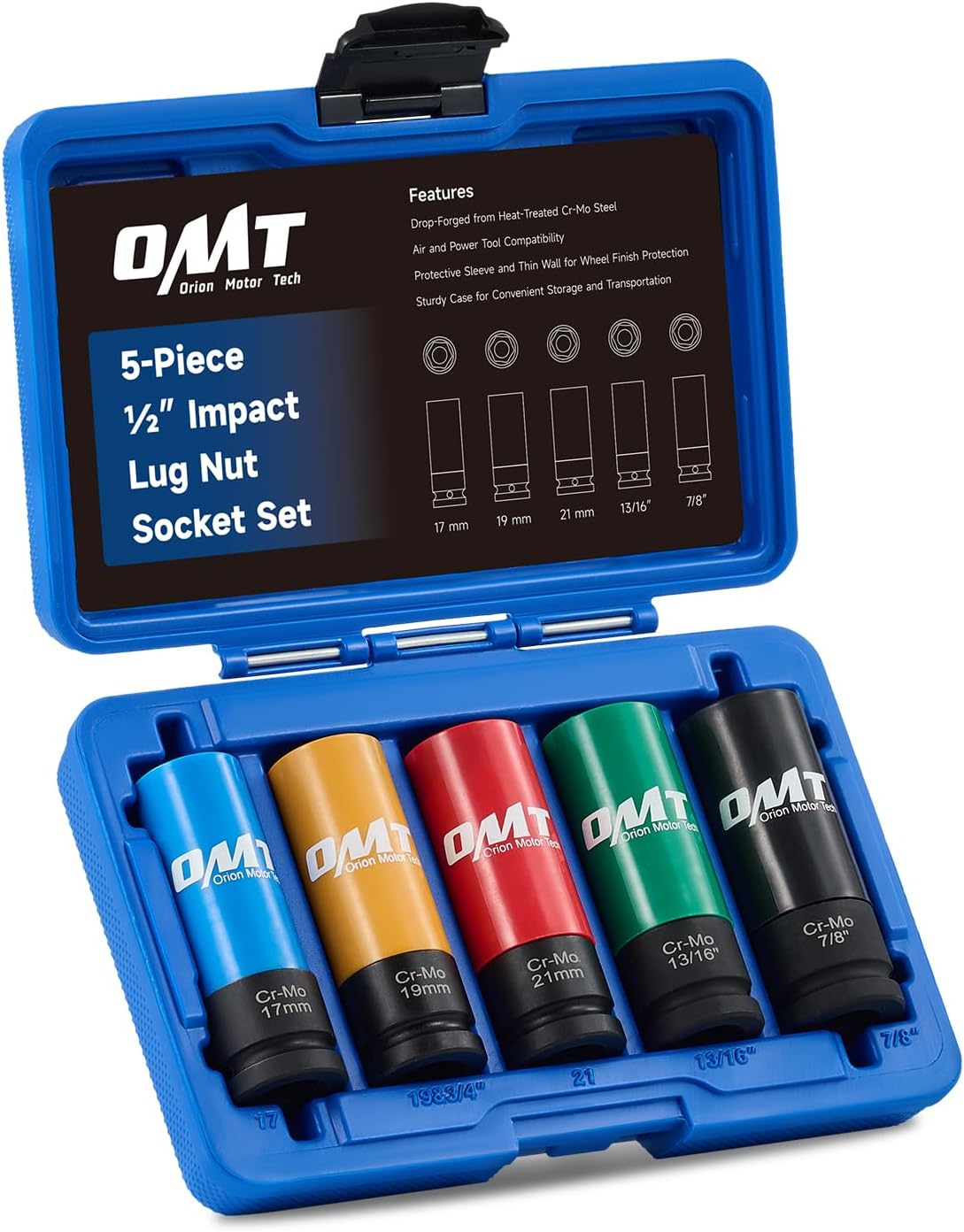 Orion Motor Tech 1/2" Drive Lug Nut Socket Set, Metric 17 19 21 mm & SAE 13/16 7/8 in. Wheel Socket Set, 5pc Impact Lug Nut Socket Set, Thin Wall Lug Nut Sockets with Colored Protective Covers