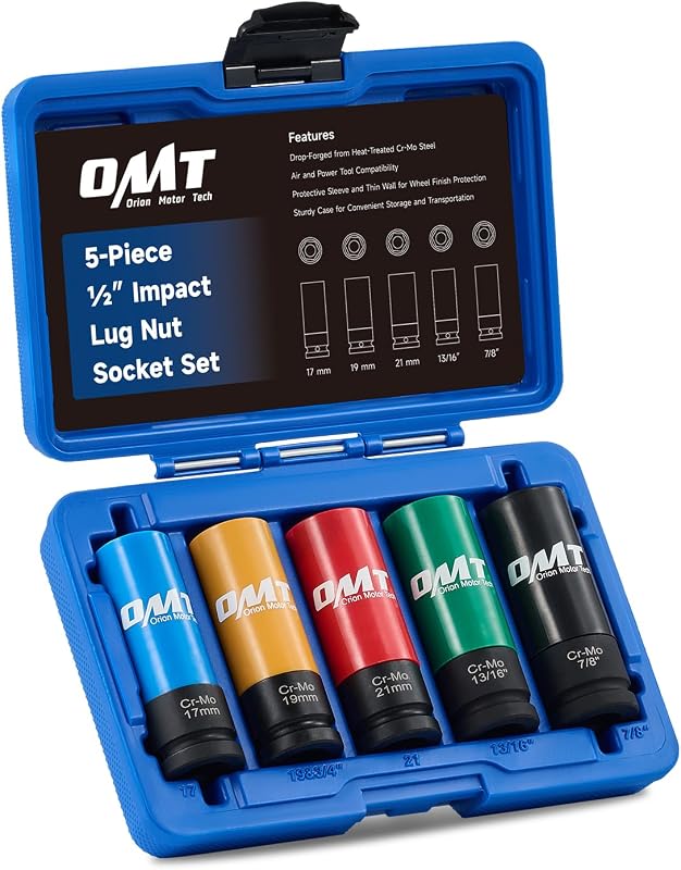 OMT 1/2" Drive Lug Nut Socket Set, Metric And SAE Wheel Socket Set, 5pc | 17, 19, 21mm & 13/16, 7/8 Inch Sizes; Thin Wall Impact Lug Nut Sockets; Colored Protective Covers; Deep Wells; 6-Point Grip
