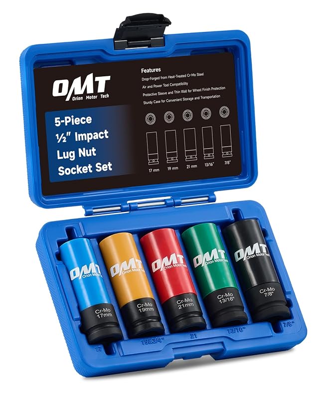 Jogo de soquetes para porcas de roda Orion Motor Tech com acionamento de 12,7 mm (1/2 pol.), métrico e SAE, 17, 19, 21, 20,6 e 22,2 mm, kit com 5 peças