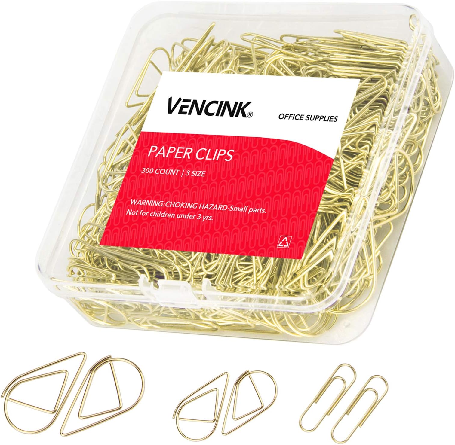 300 Pcs Cute Gold Paper Clips Assorted Sizes, Smooth Steel Wire Drop-Shaped Paperclips Large Medium and Small for Office Supplies School Student Girls Kids Women Wedding Decorative by VENCINK