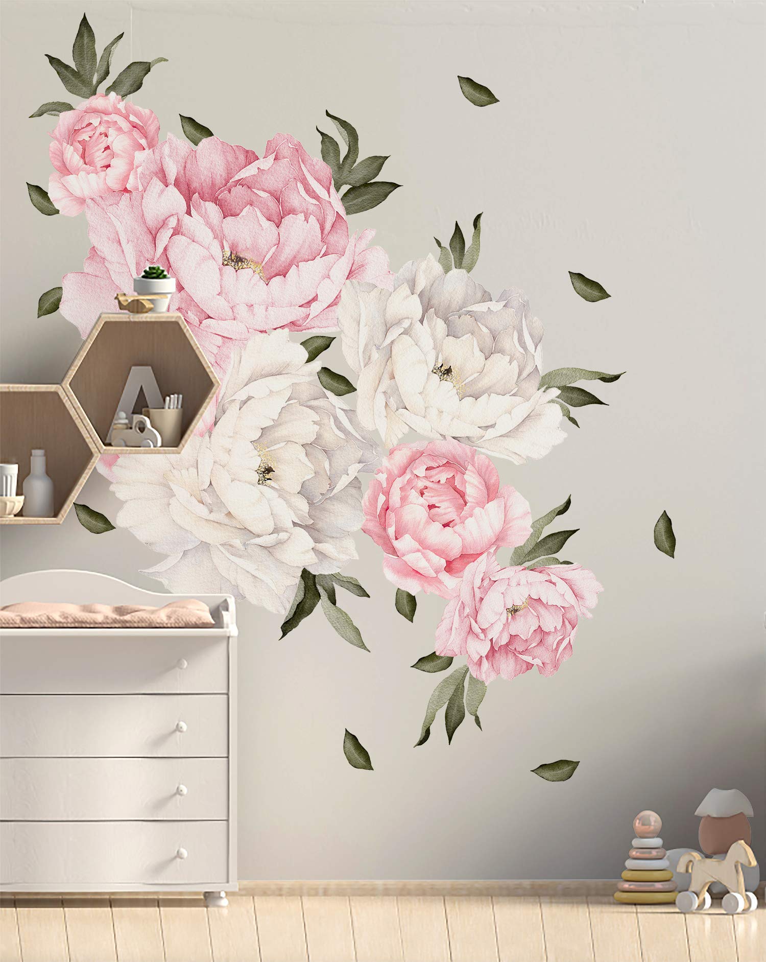 Murwall Pink Peonies Flowers and green leaves Removable Peony Floral Wall Decals