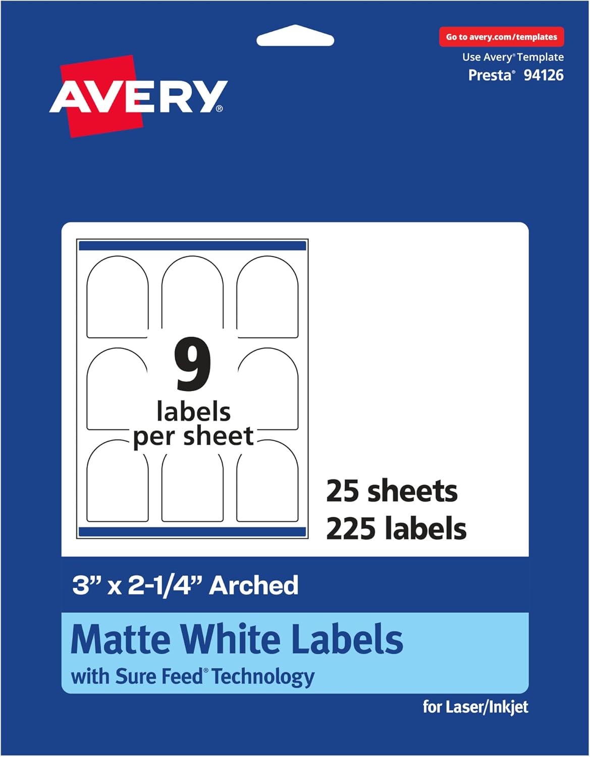 Avery Matte White Arched Labels, Sure Feed Technology, 3" x 2.25", 450 Labels, Print-to-The-Edge, Laser/Inkjet Printable
