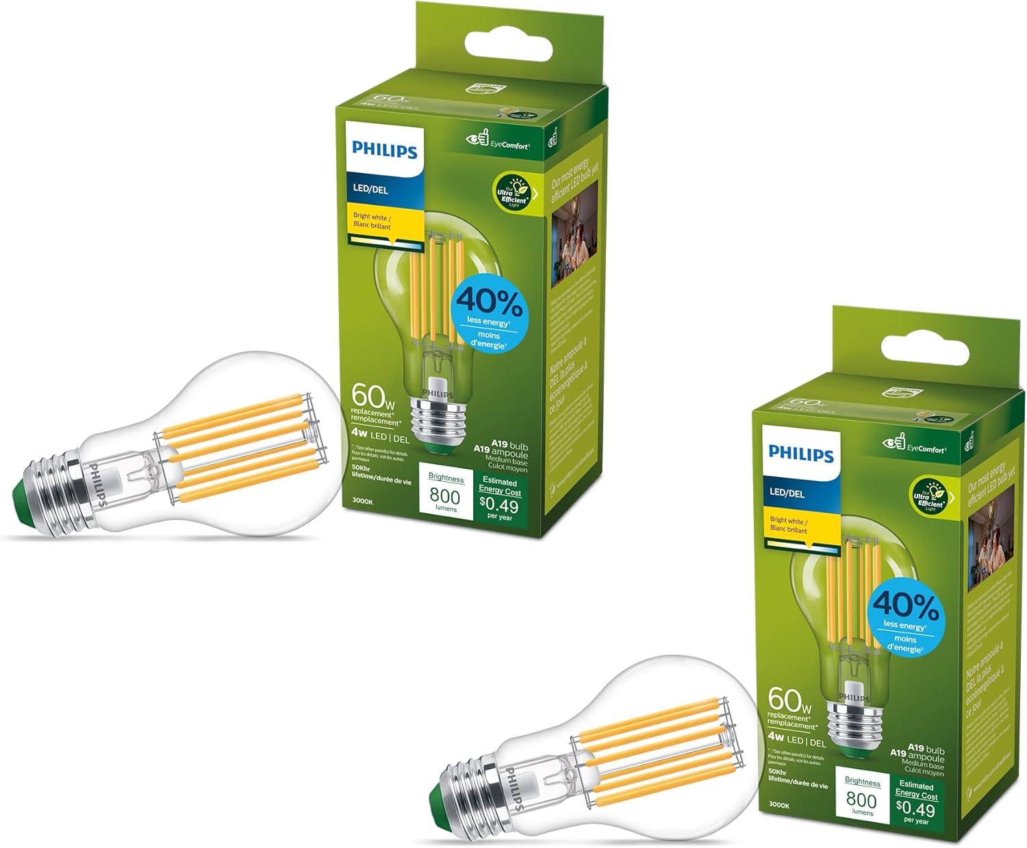 PHILIPS LED Ultra Efficient, A21 Non-Dimmable, EyeComfort Technology, 7.7W=100W, 1540 Lumen, 3000K Bright White, Non T20 Certified, E26 Base, 2 Bulbs, (580522) image