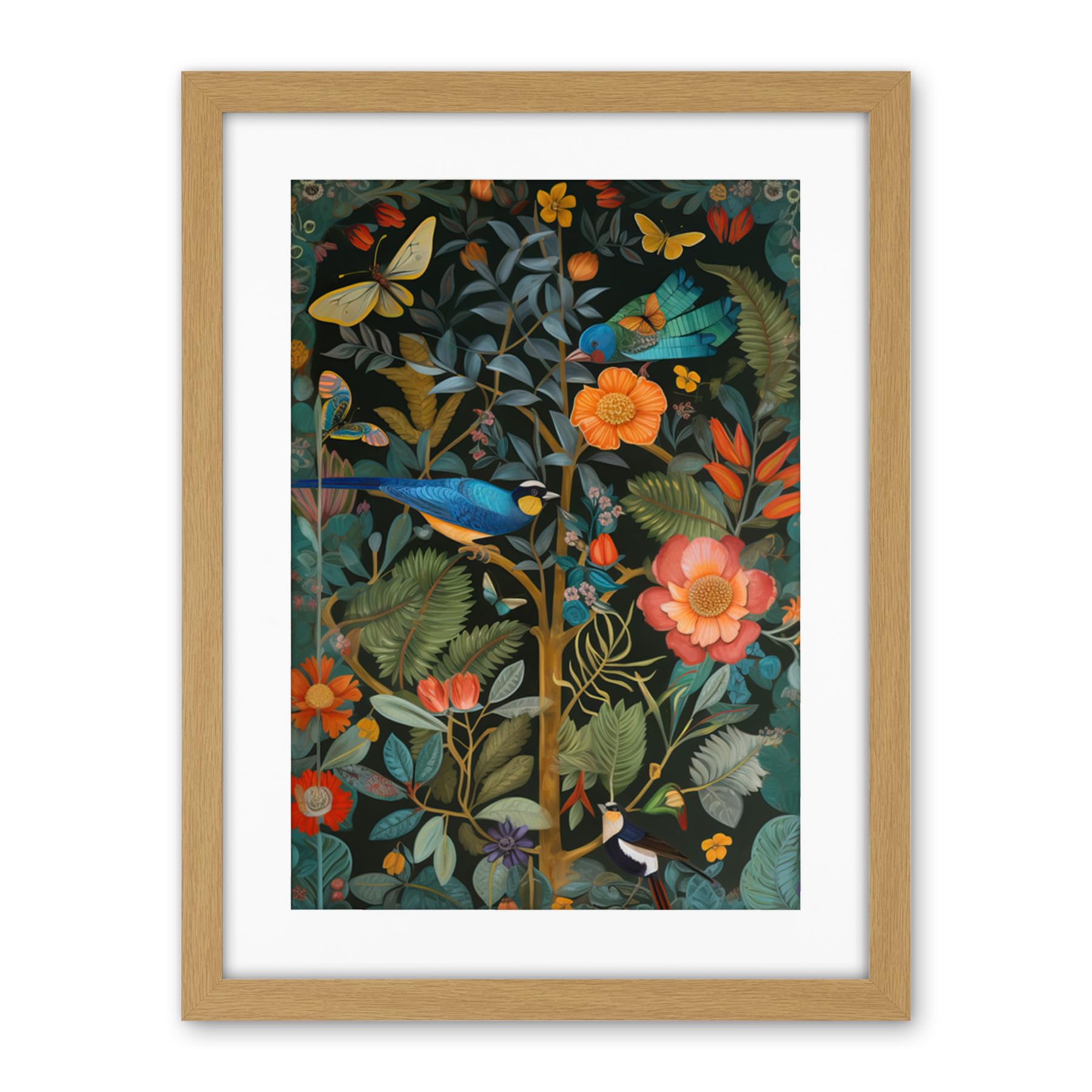 Artery8 Birds and Butterflies Modern Flower Art Nouveau Artwork Framed Wall Art Print 18X24 Inch