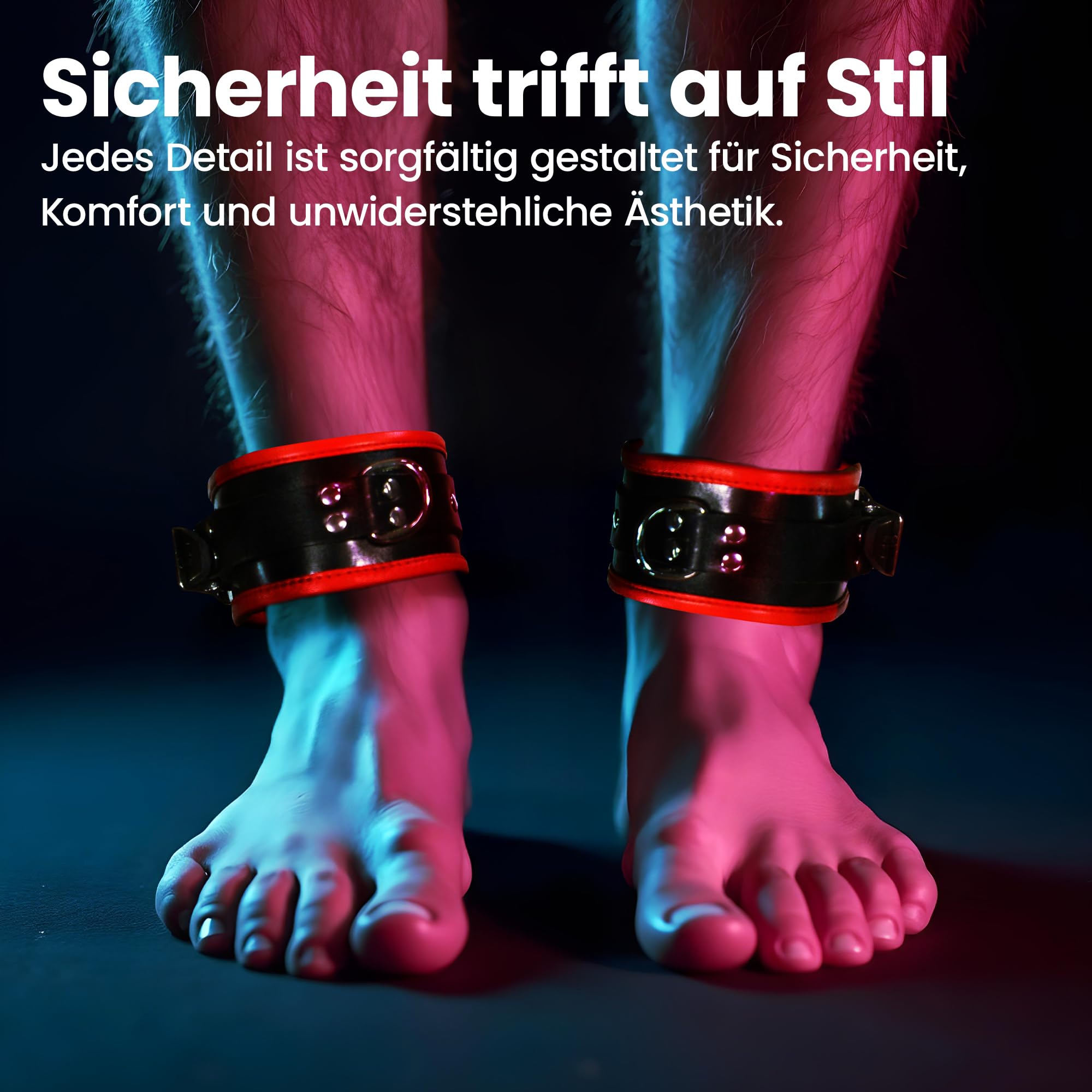gepolsterte Fußfesseln mit D-Ring, Fußgelenk-Manschetten aus Leder, für Bondage und BDSM, Farbe: Schwarz/Rot, erotisches Sexspielzeug für Anfänger und Fortgeschrittene