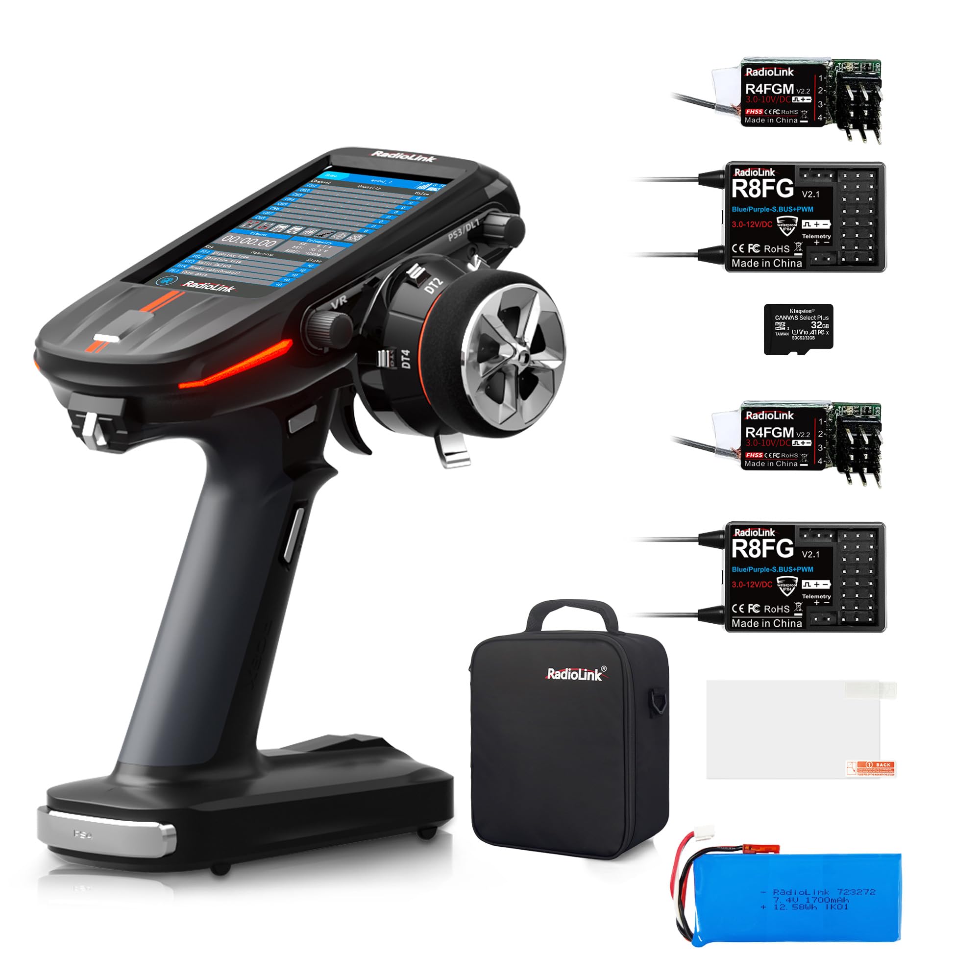 Radiolink RC8X 8 Channels 2.4G RC Transmitter, 2*R8FG V2.1 & 2*R4FGM V2.2 Gyro Receivers, 4.3" Touch Screen, Voltage Telemetry Surface Remote Controller, 200 Models for RC Crawler/Drifting/Cars/Boat