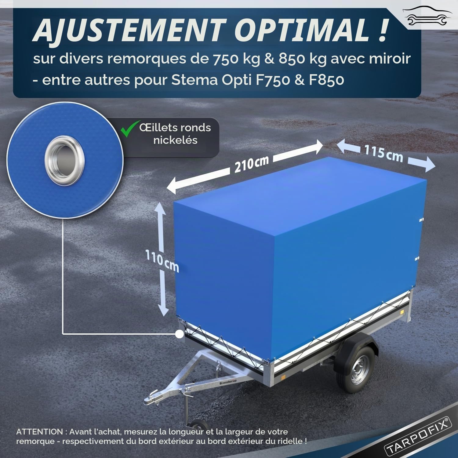 Tarpofix® Bâche de Remorque Haute 210 x 115 x 110 cm & Corde - PVC Robuste Durable - Couverture Idéale pour Divers Modèles de Remorques de 750kg