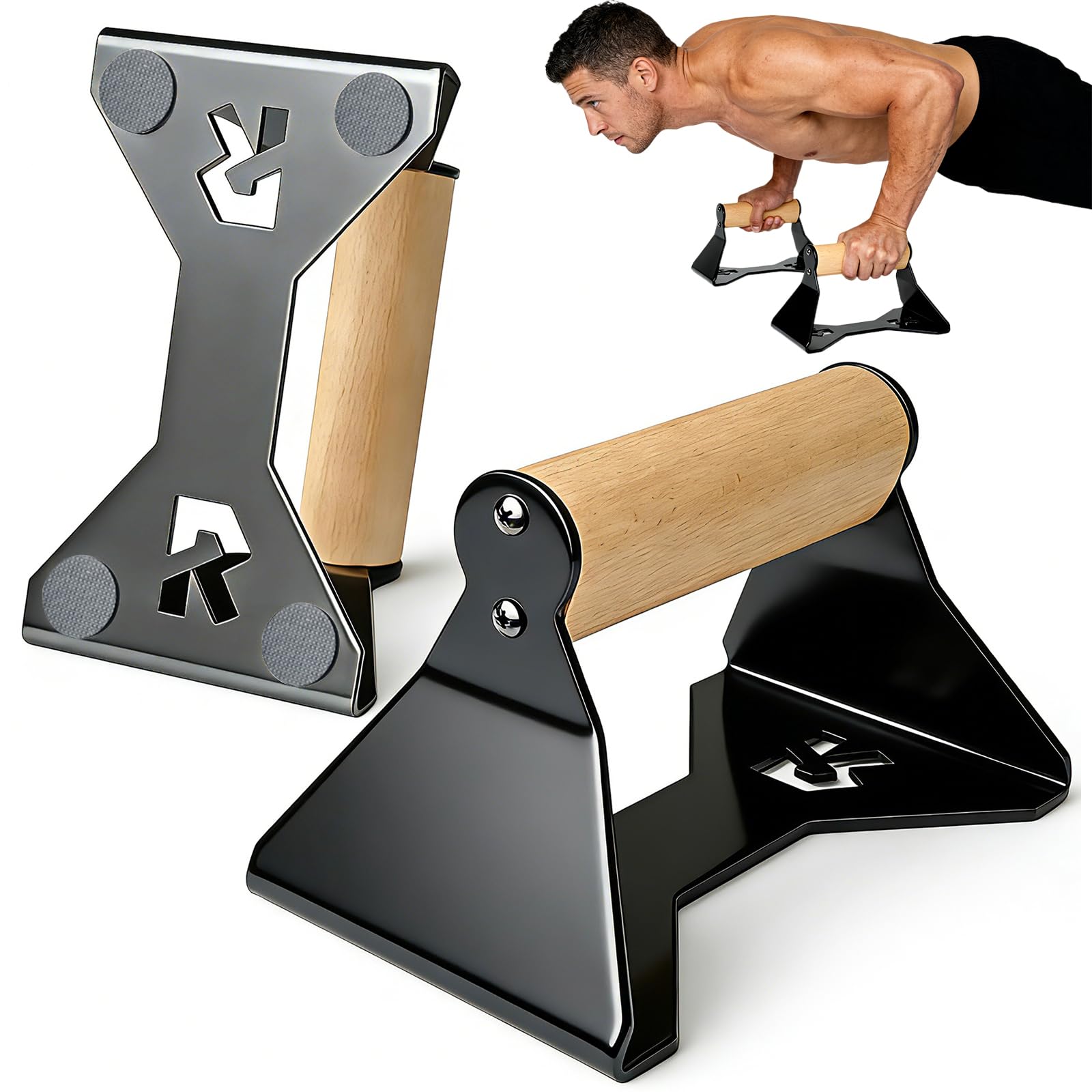 Rocalt Wood Parallettes Push Up Bars, Heavy Duty Steel Calisthenics Equipment, Anti-Slip Push Up Handles for Home Gym Fitness, No Wrist Pain