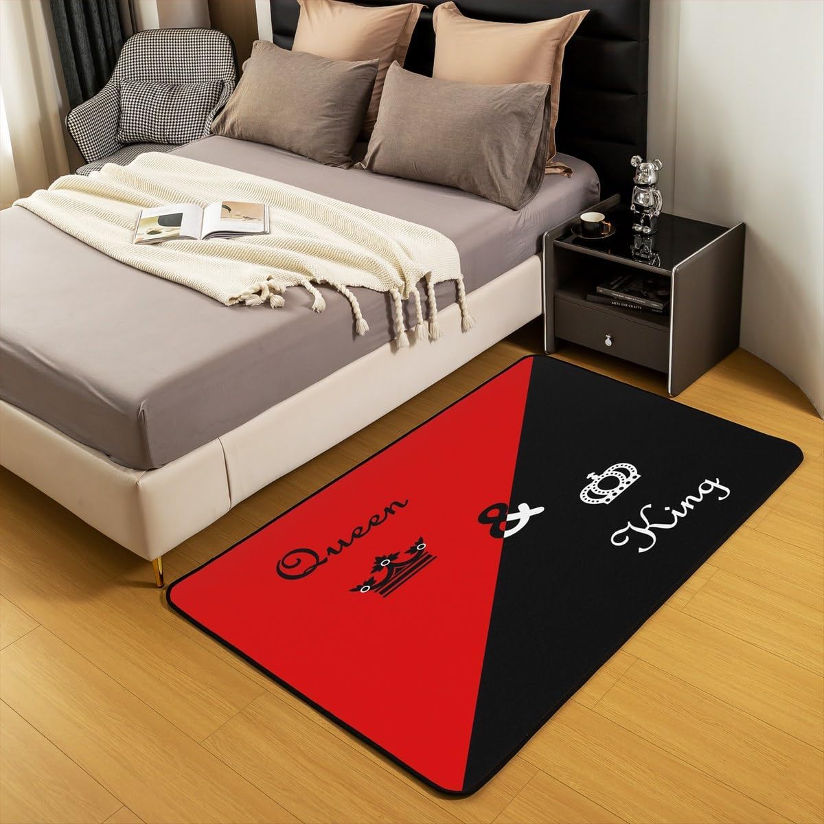 jejeloiu Queen and King Print Area Rug for Kids Boys Girls Crown Decorative Carpet Set Red Black Living Room Rugs 3x5 Bedroom Decor Romantic Indoor Floor Mat