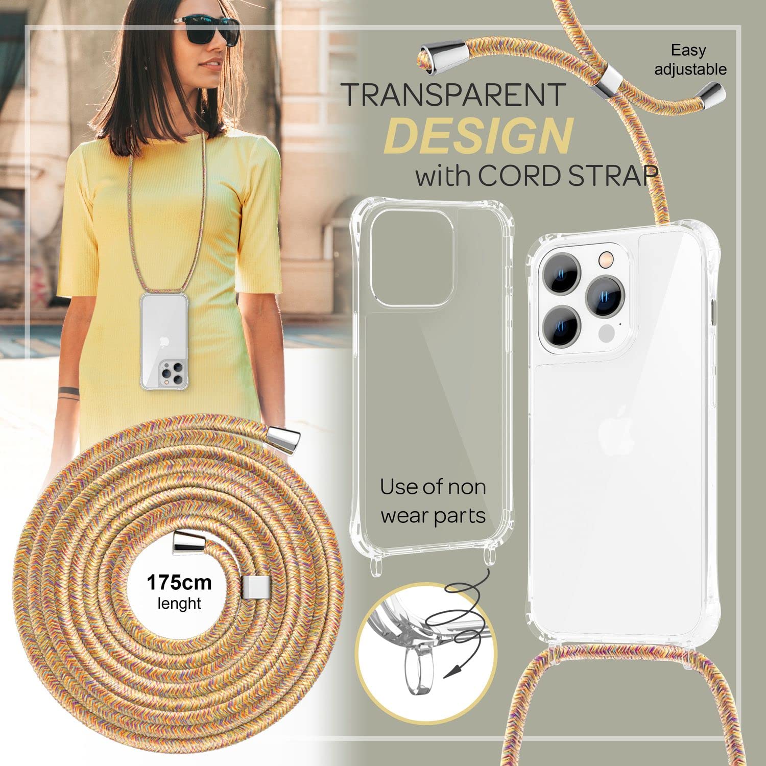 NALIA Necklace Case for iPhone 14 Pro, Transparent Hybrid Cover & Strap, HANGIT PRO (Anti-Yellow Back & Adjustable) - Image 3