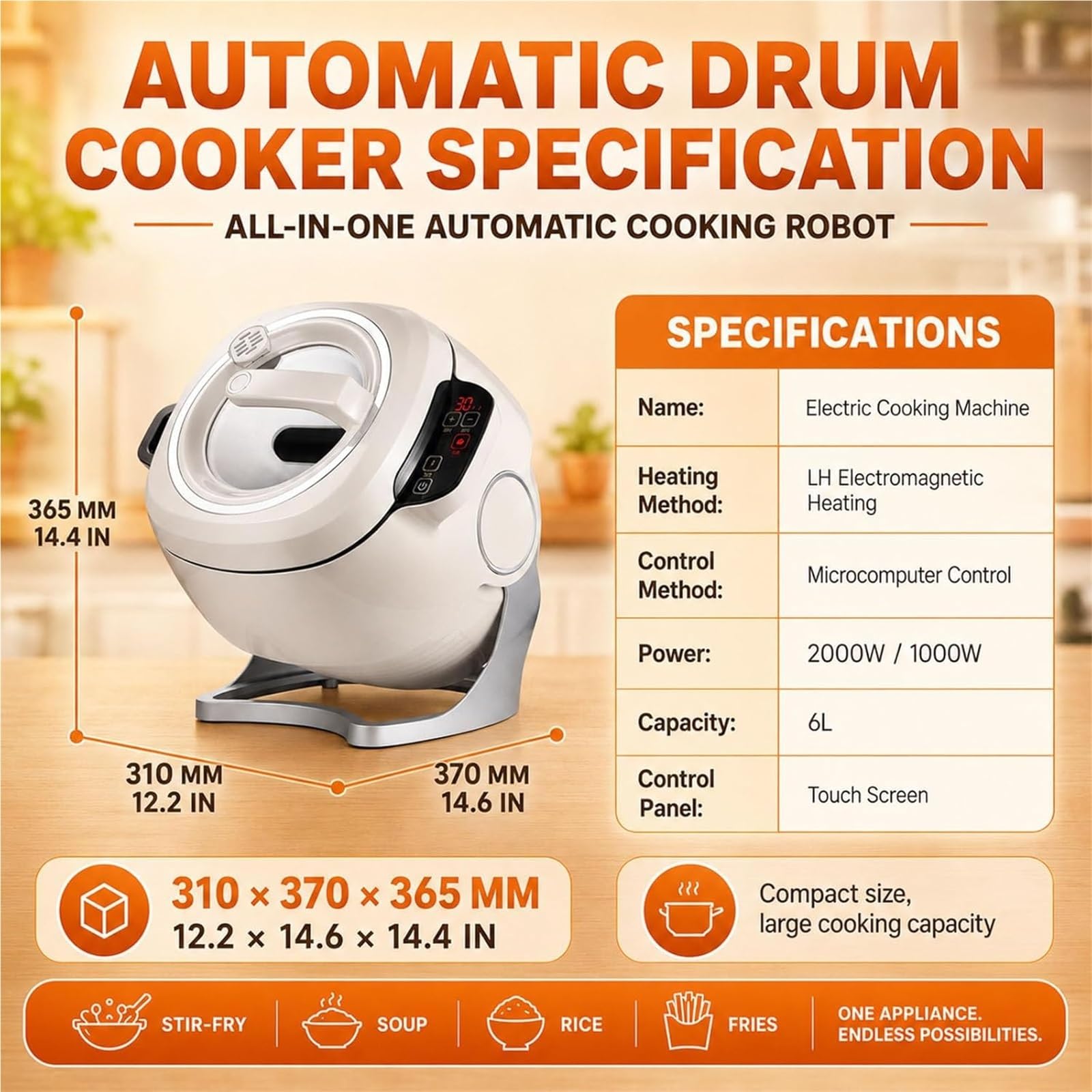 Automatyczny robot do smażenia, 2000 W, obrót 360°, automatyczna maszyna do gotowania z 3 poziomami mocy i pochyleniem, komercyjny robot kuchenny do smażenia, ryżu, zupy, duszenia