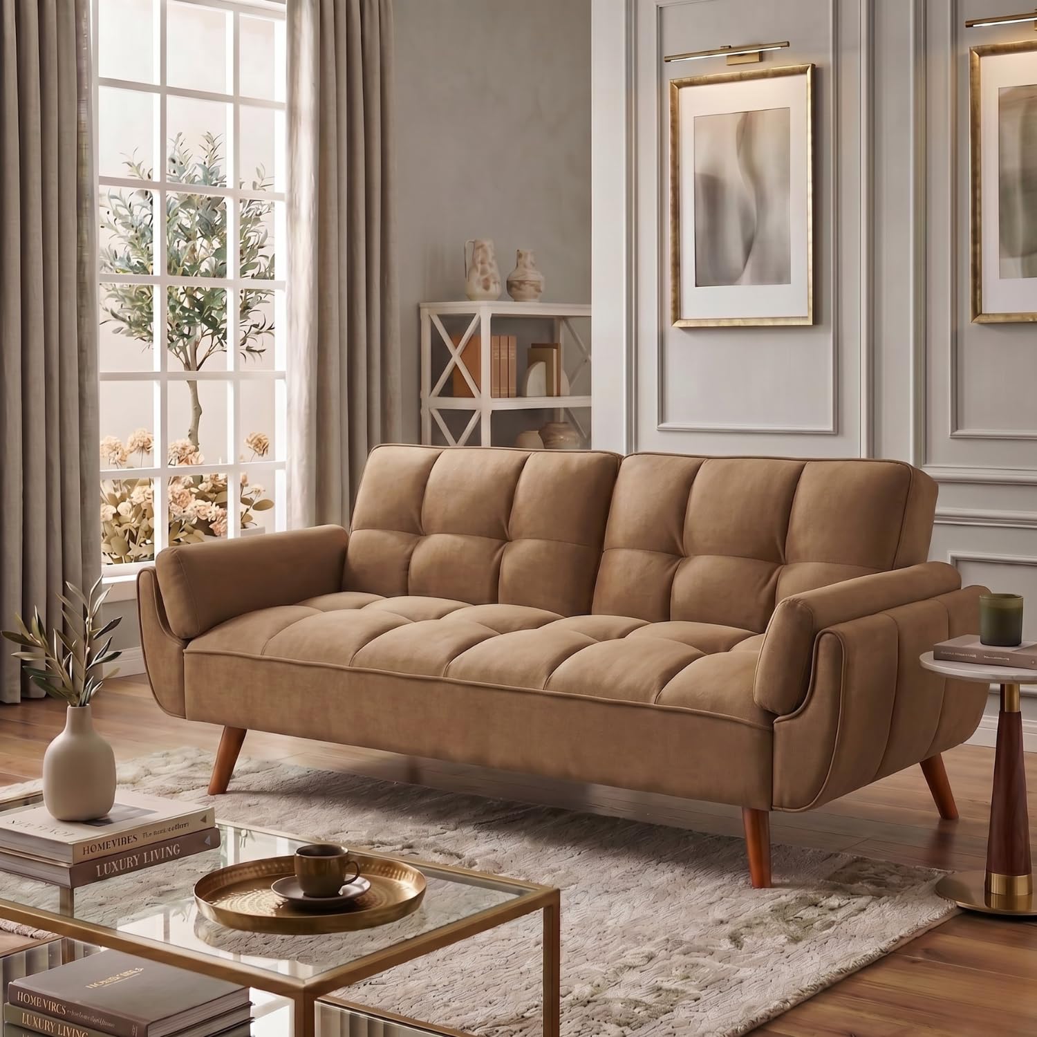 tarantino 3-seater convertible sofa cum bed | modern tufted upholstered folding sleeper sofa for living room | high-density foam comfort | space saving couch bed for home (light brown)