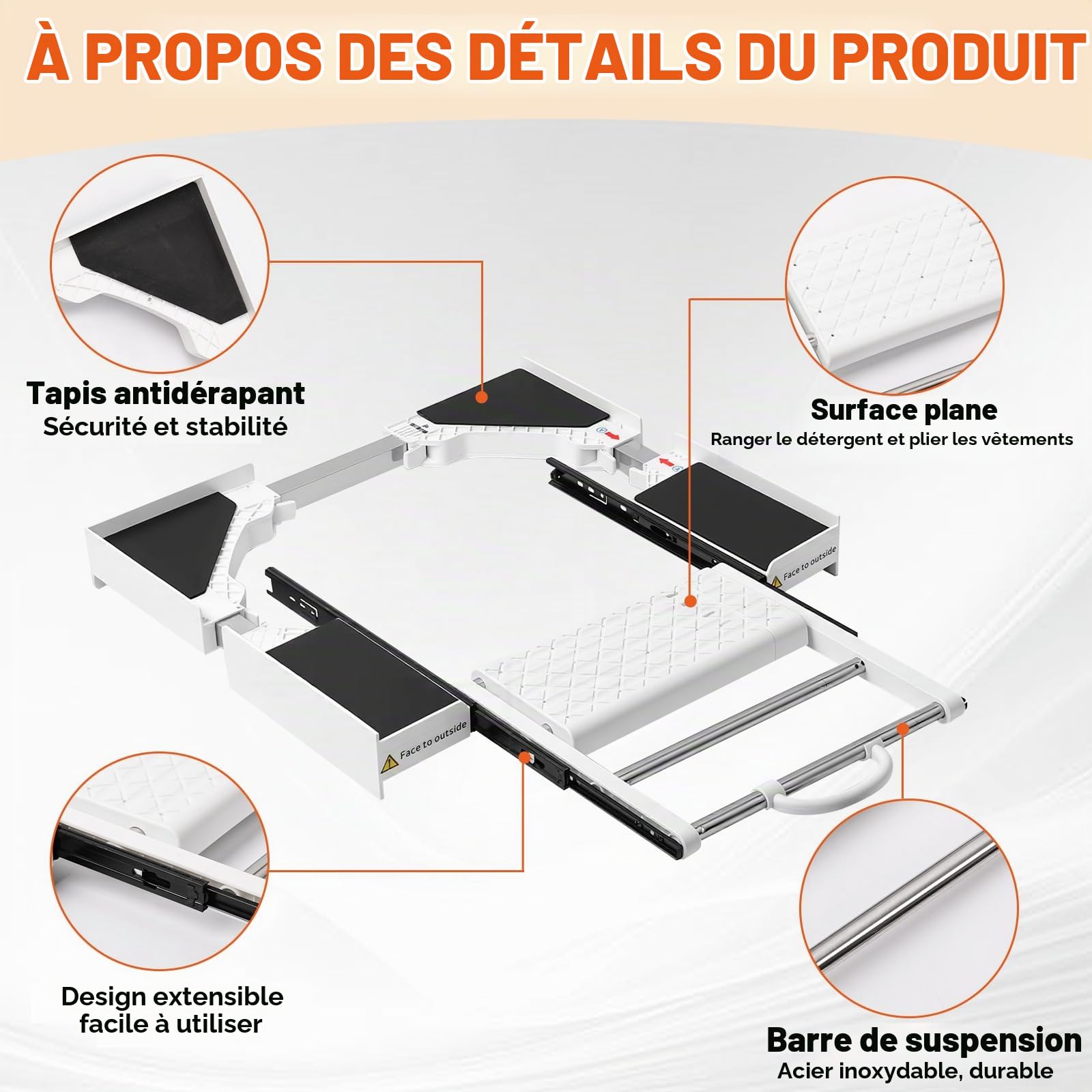 MISTRO Kit de Superposition Universel Réglable 42-73cm Cadre Intermédiaire Monobloc avec Tablette Extensible 12kg et Barre Porte-Serviettes Station de Pliage Gain de Place pour Buanderie