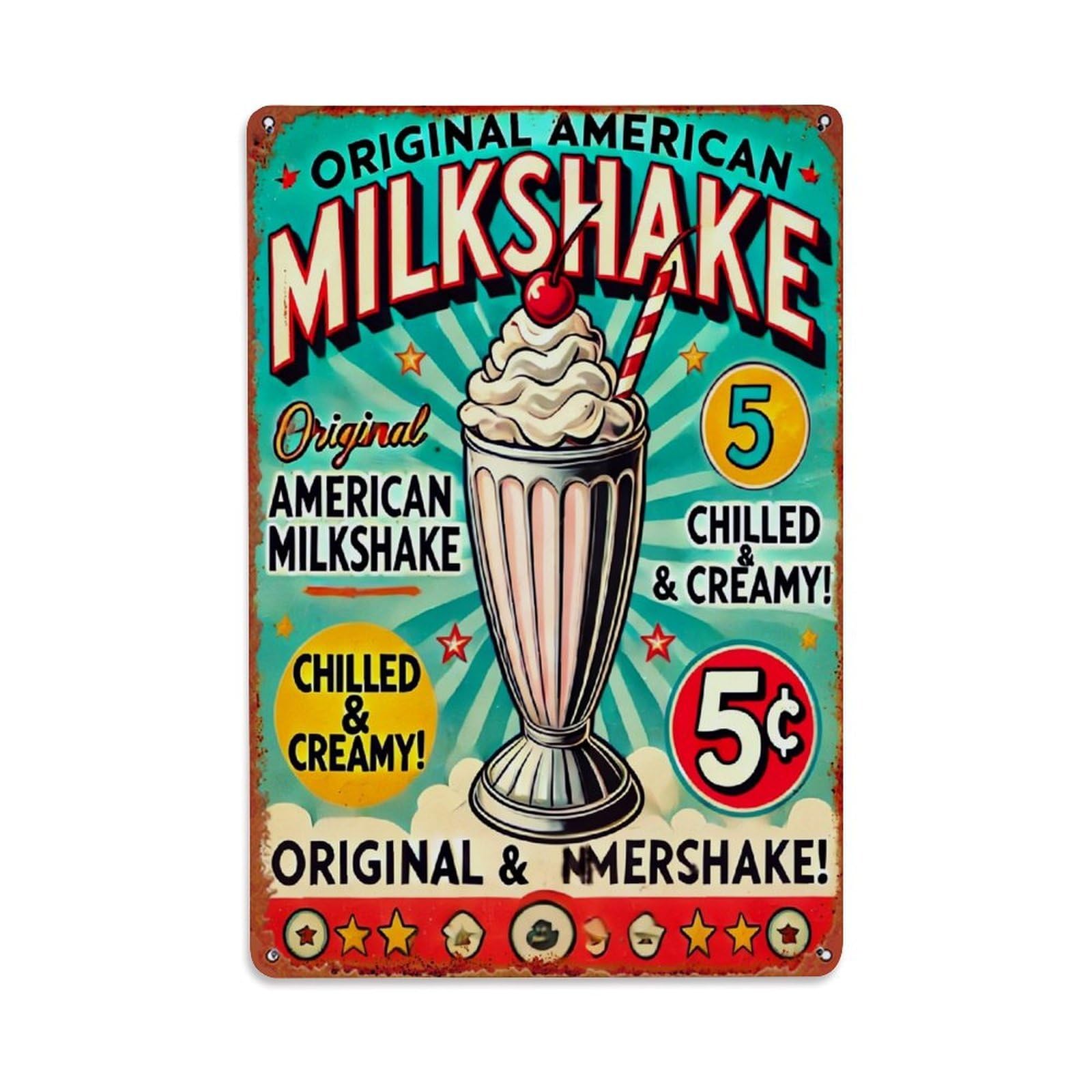Original American Milkshake Chilled Creamy Retro Metal Tin Sign, Vintage Decor Art Poster for Bar, Home, Man Cave, Kitchen, Laundry Room Gift 8x12Inch
