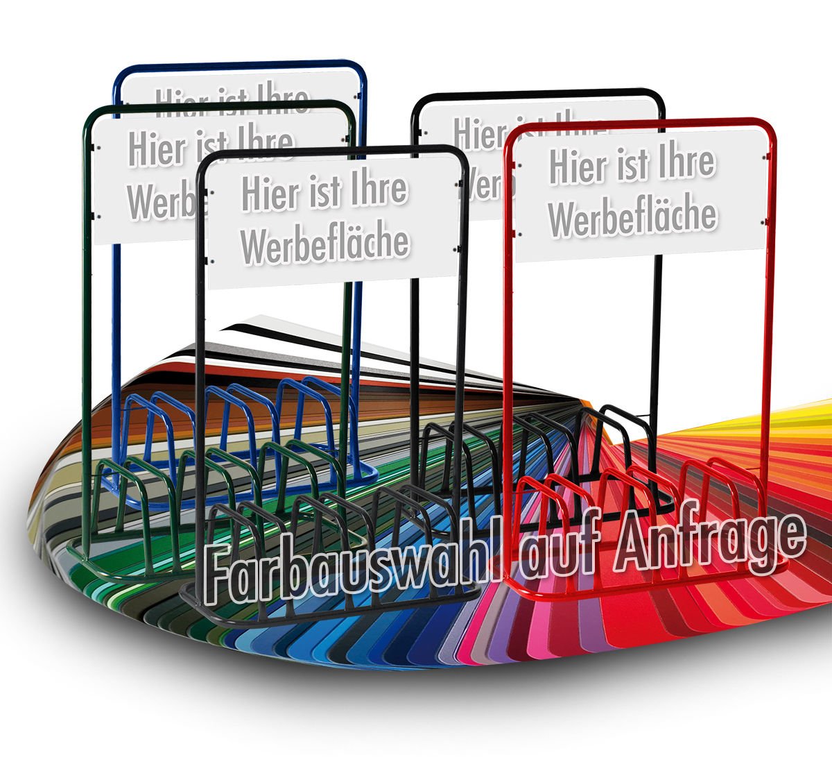 3er Werbe-Fahrradständer mit Werbeschild / Fahrradhalter + Werbetafel (Grau) Baumarkt