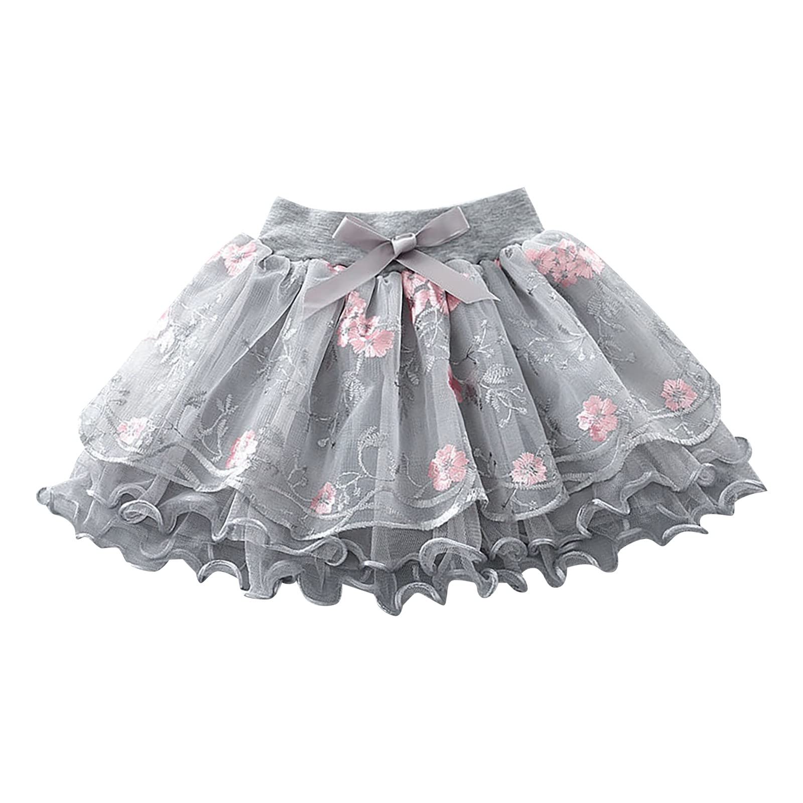 Toddler Baby Girls Tutu Skirt Kids Layered Tulle Tutus Skirt Embroidered Pattern Bow Skirt Party (Grey, 12-18 Months)