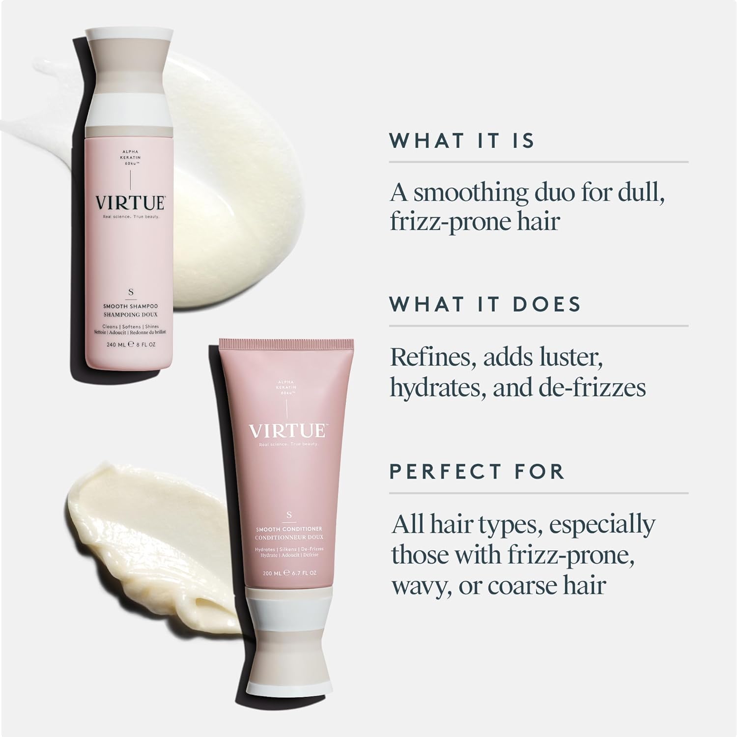 Virtue Smooth Sulfate Free Shampoo and Conditioner Set for Frizz Control for Curly Hair, Safe for All Hair Types, Color Safe