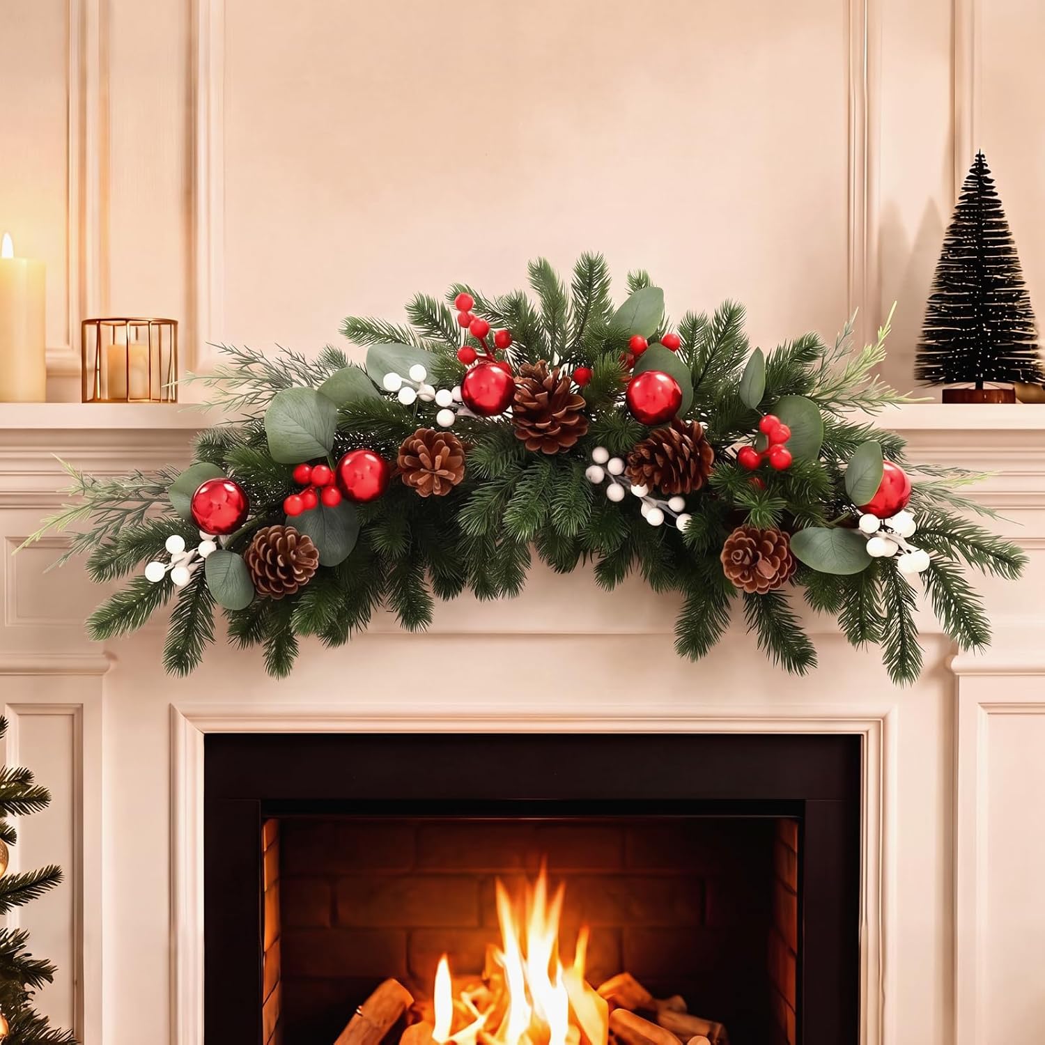 Yunlly 27.5 Inch Christmas Swag, Mirror Garland Wreath, Red Berries