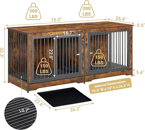 Vista 7 de Rovibek Mueble doble para perros de 75 pulgadas para 2 perros grandes, estilo muebles resistentes, estilo perrera, jaulas de madera para perros