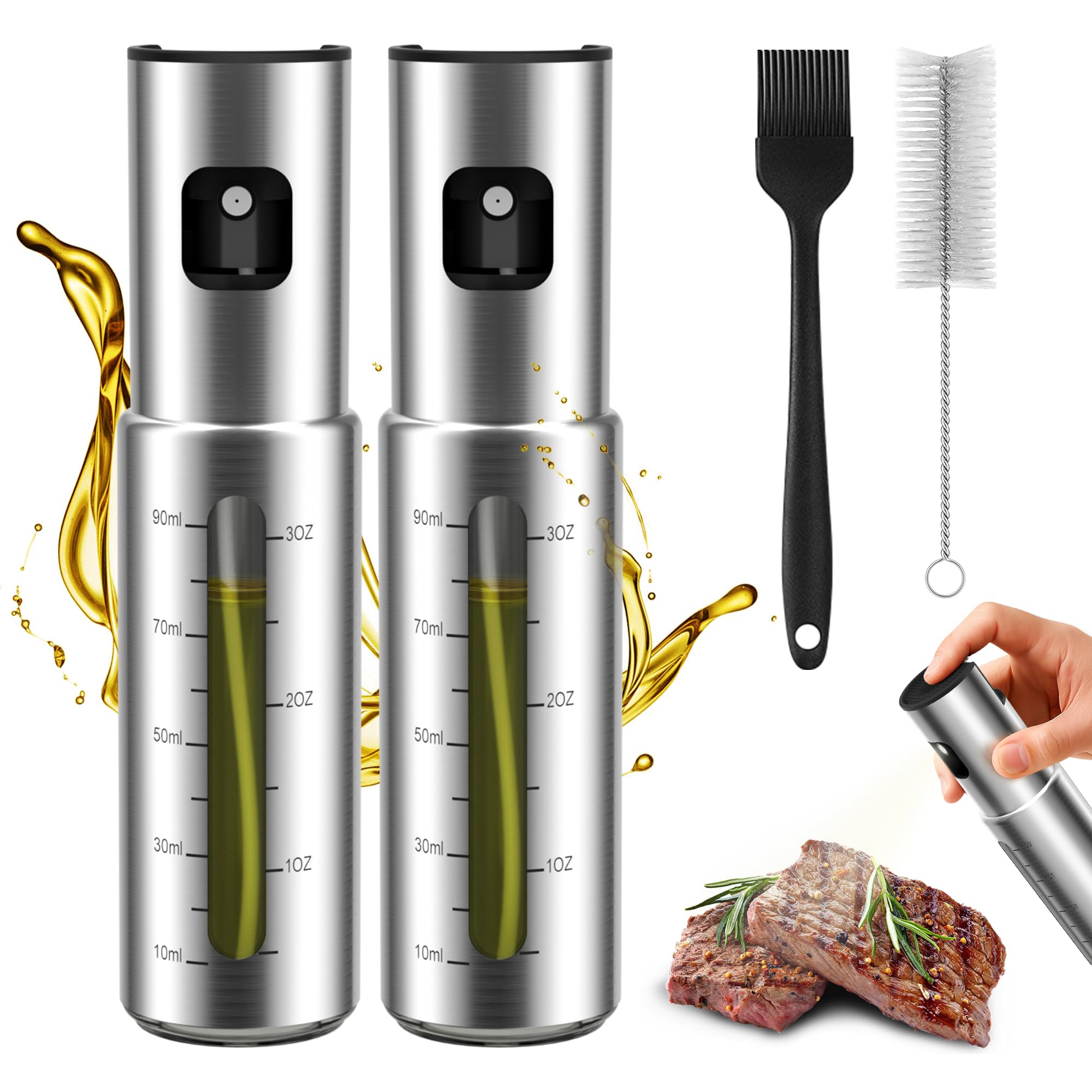 KitchenBoss Pulverizador Aceite Spray Cocina Inoxidable Aceitera Spray 100ml, 2 PCS Dosificador Aceite Spray para Ensaladas, Planchas y Freidoras Aire