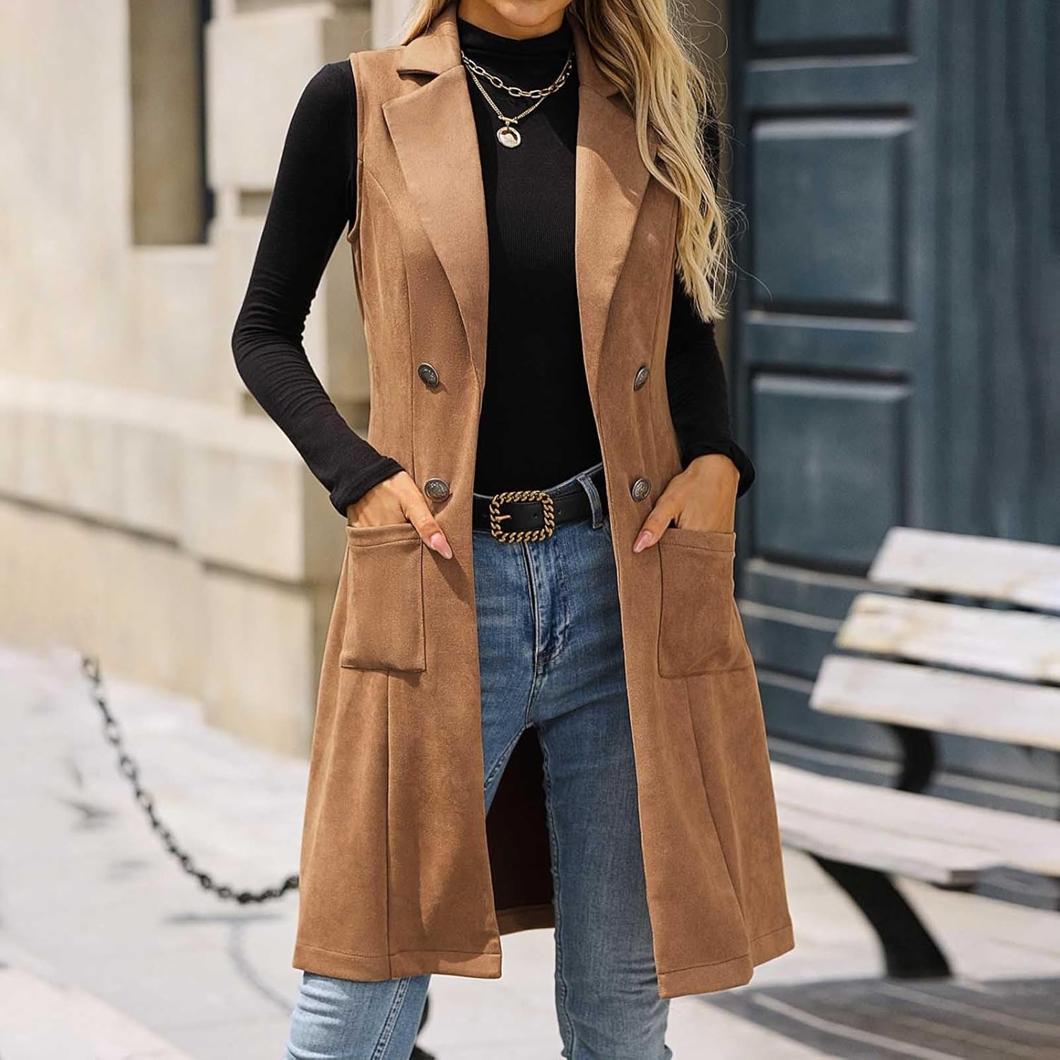 Women's Sleeveless Suede Long Vest Casual Lapel Open Front Duster Vest Casual Fashion Work Vests with Pockets - Image 2