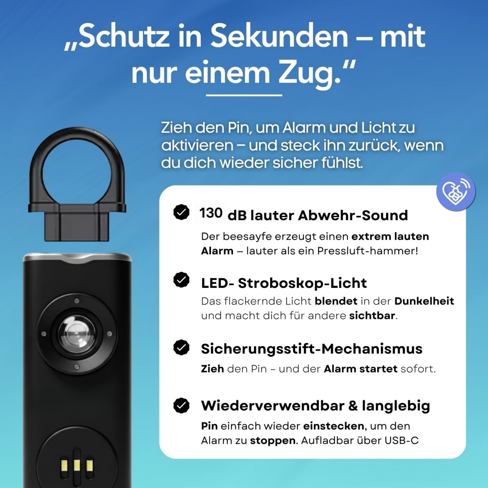 beesayfe 2.0 Taschenalarm，Tragbares Selbstverteidigungsgerät mit einem 130-Dezibel-Alarm und LED-Licht, geeignet für Kinder, ältere Menschen und Nachtschichtarbeiter