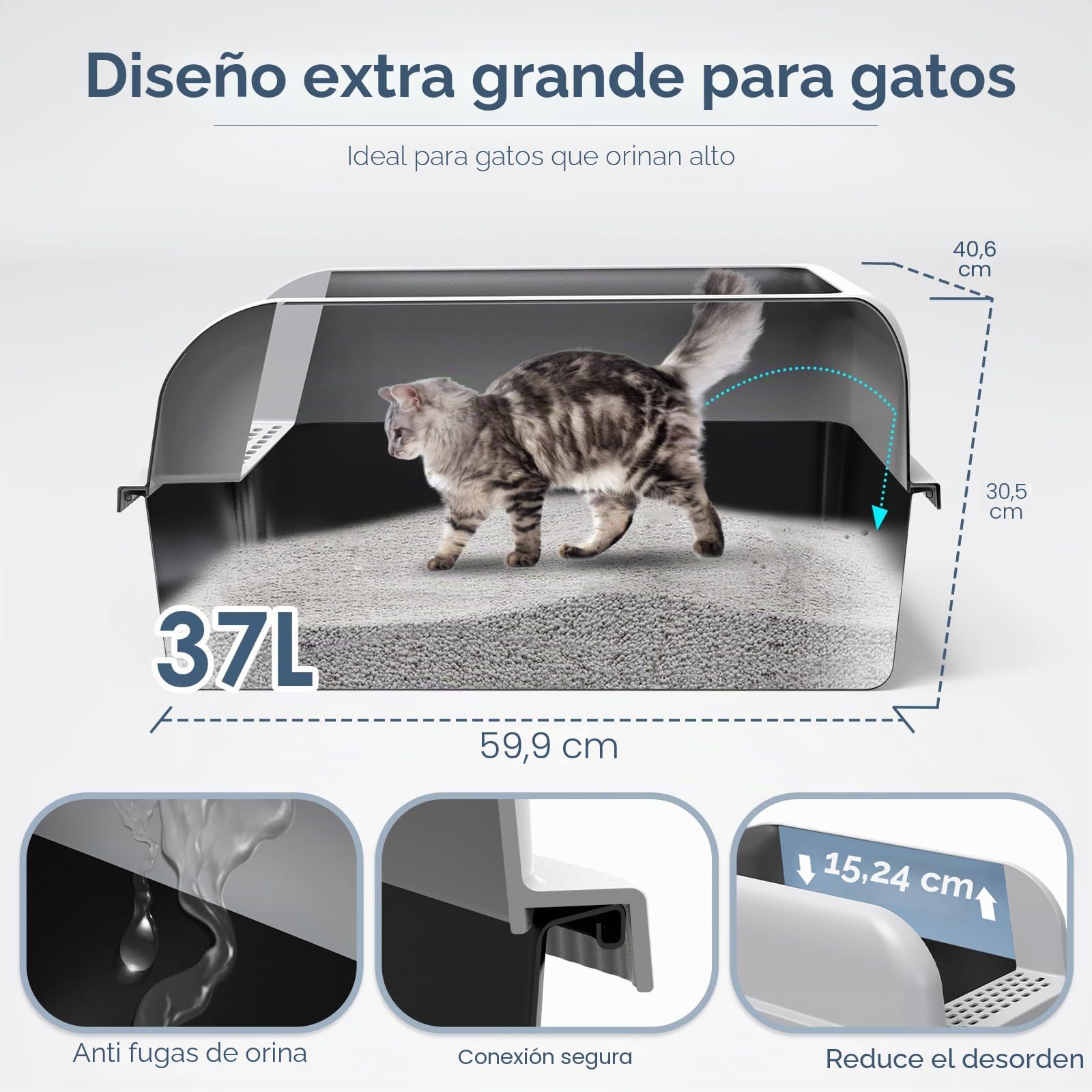Suzzipaws Caja de Arena de Acero Inoxidable con Revestimiento Antiadherente y Tapa, Extragrande para Gatos Grandes, Bandeja Sanitaria metálica XL con Paredes Altas, antifugas, fácil Limpieza