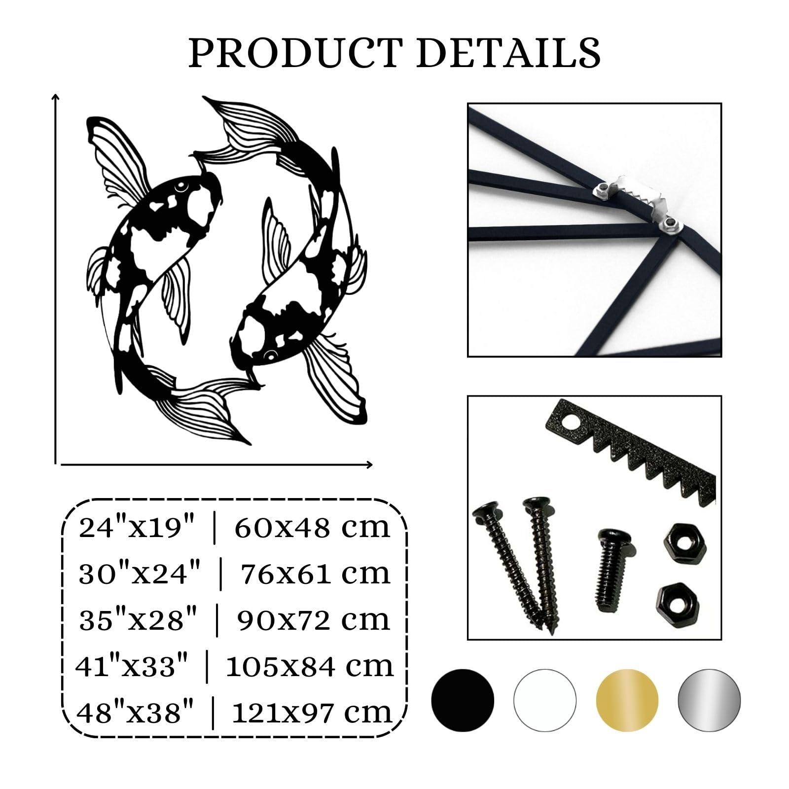 Creoate Black & White Metal Wall Art - Yin Yang Koi Fish Japanese Decor For Bathroom, Office (12x12 Inches)